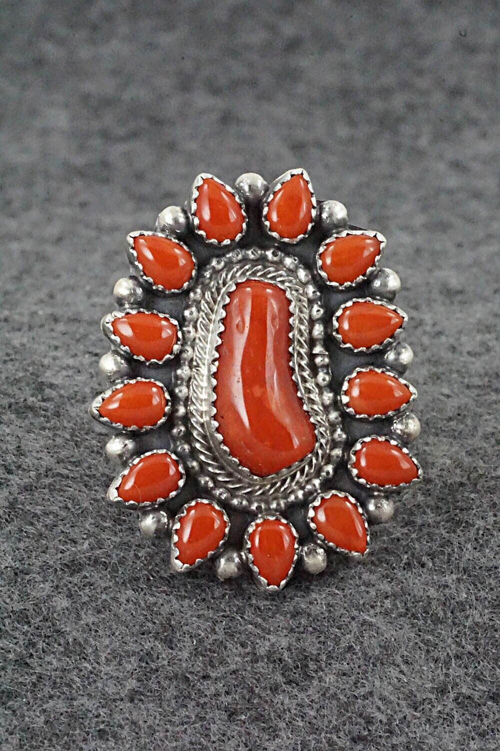 Coral & Sterling Silver Ring - Tom Lewis - Size 8