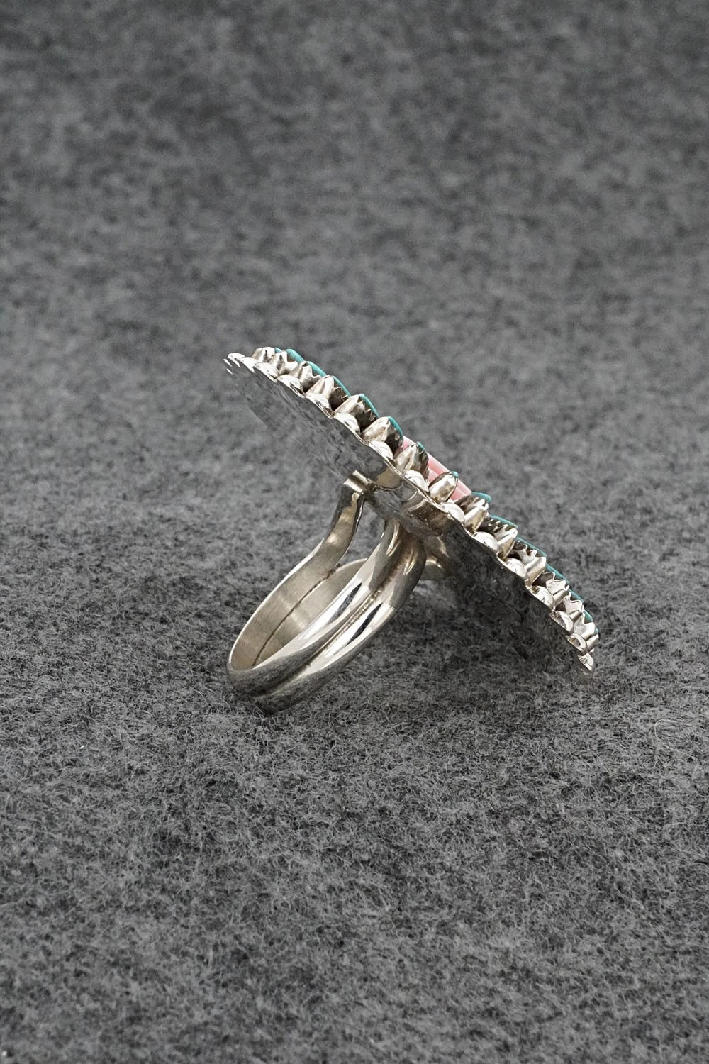 Turquoise, Pink Conch & Sterling Silver Ring - Roland Francisco - Size Adj.