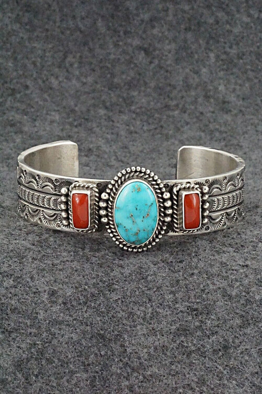 Turquoise, Coral & Sterling Silver Bracelet - Michael Calladitto