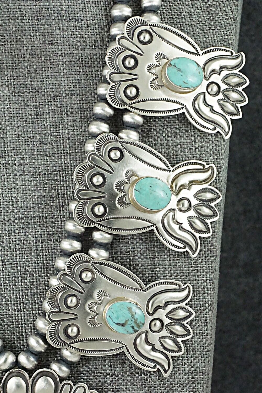 Turquoise & Sterling Silver Squash Blossom Necklace - Roland Dixson
