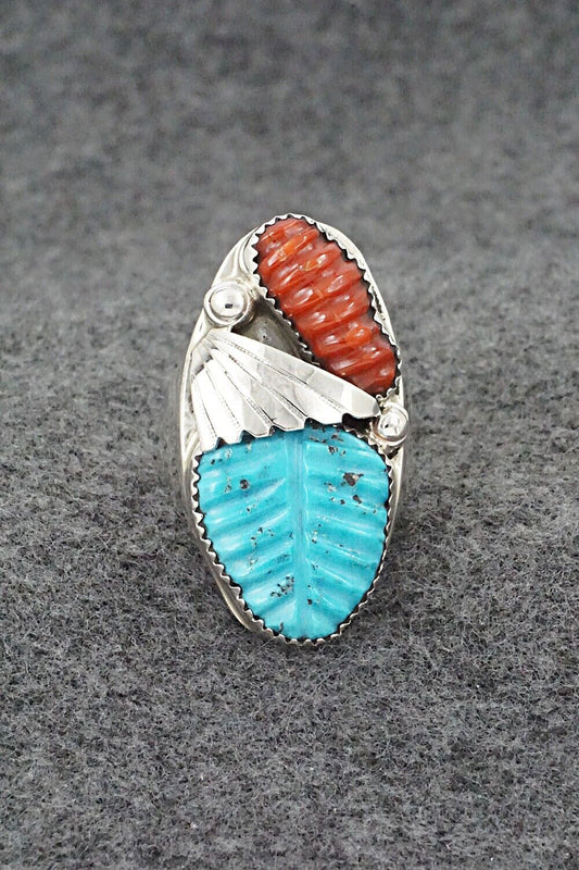 Turquoise, Coral & Sterling Silver Ring - Lyolita Tsattie - Size 10.5