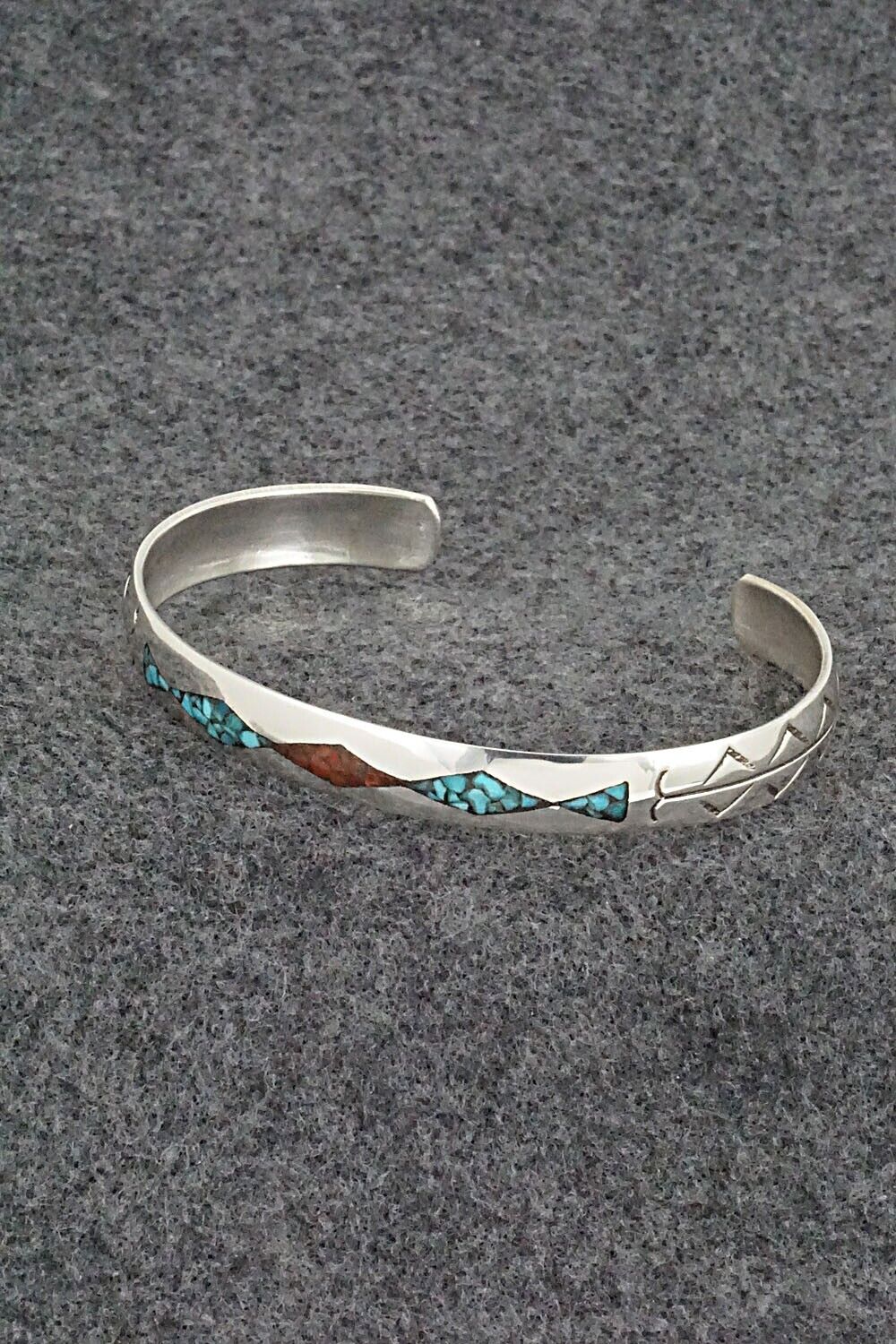 Turquoise, Coral Chip Inlay & Sterling Silver Bracelet - Joleen Yazzie