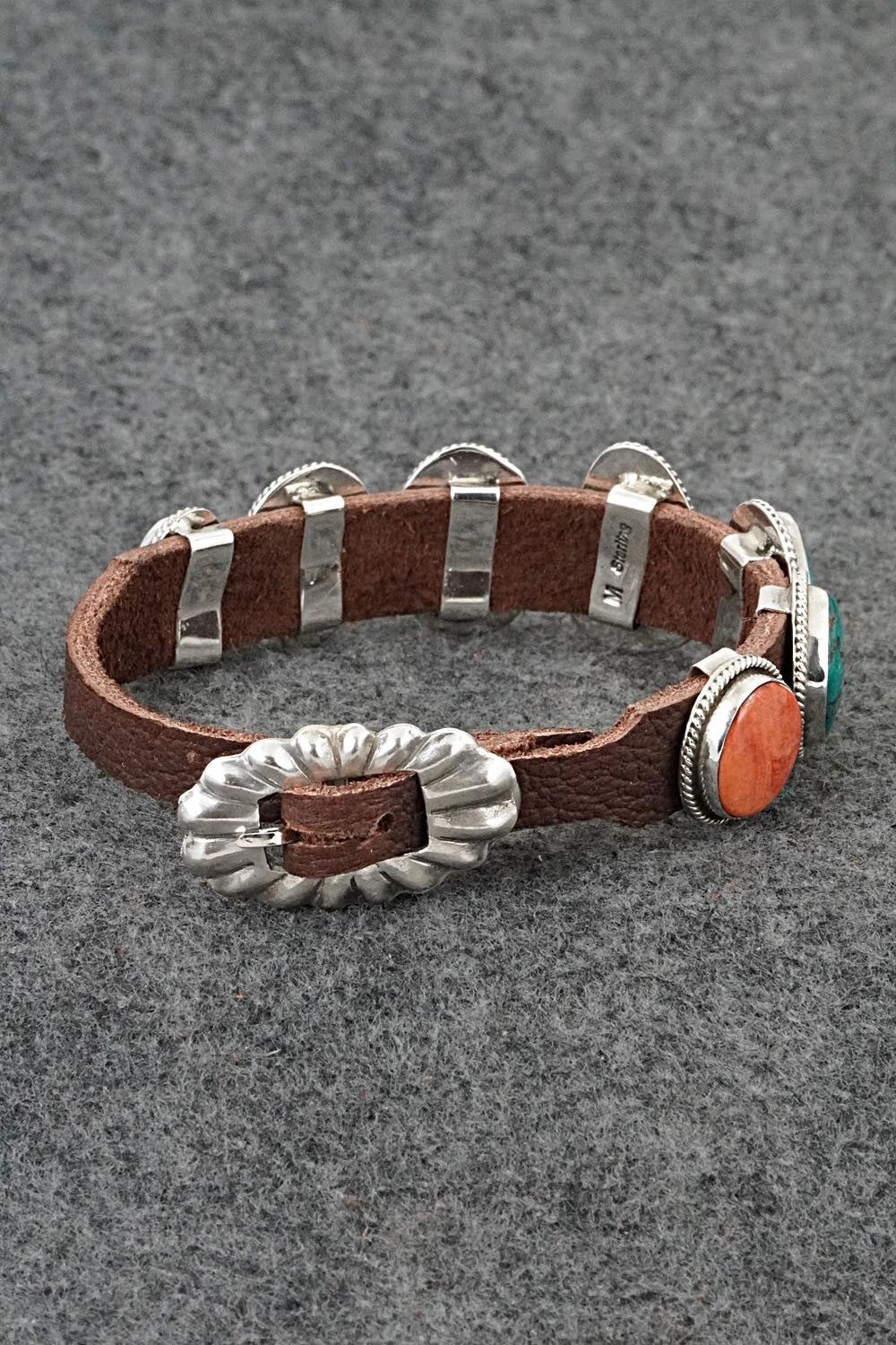 Turquoise, Spiny Oyster, Sterling Silver & Leather Bracelet - Marlene Ramone