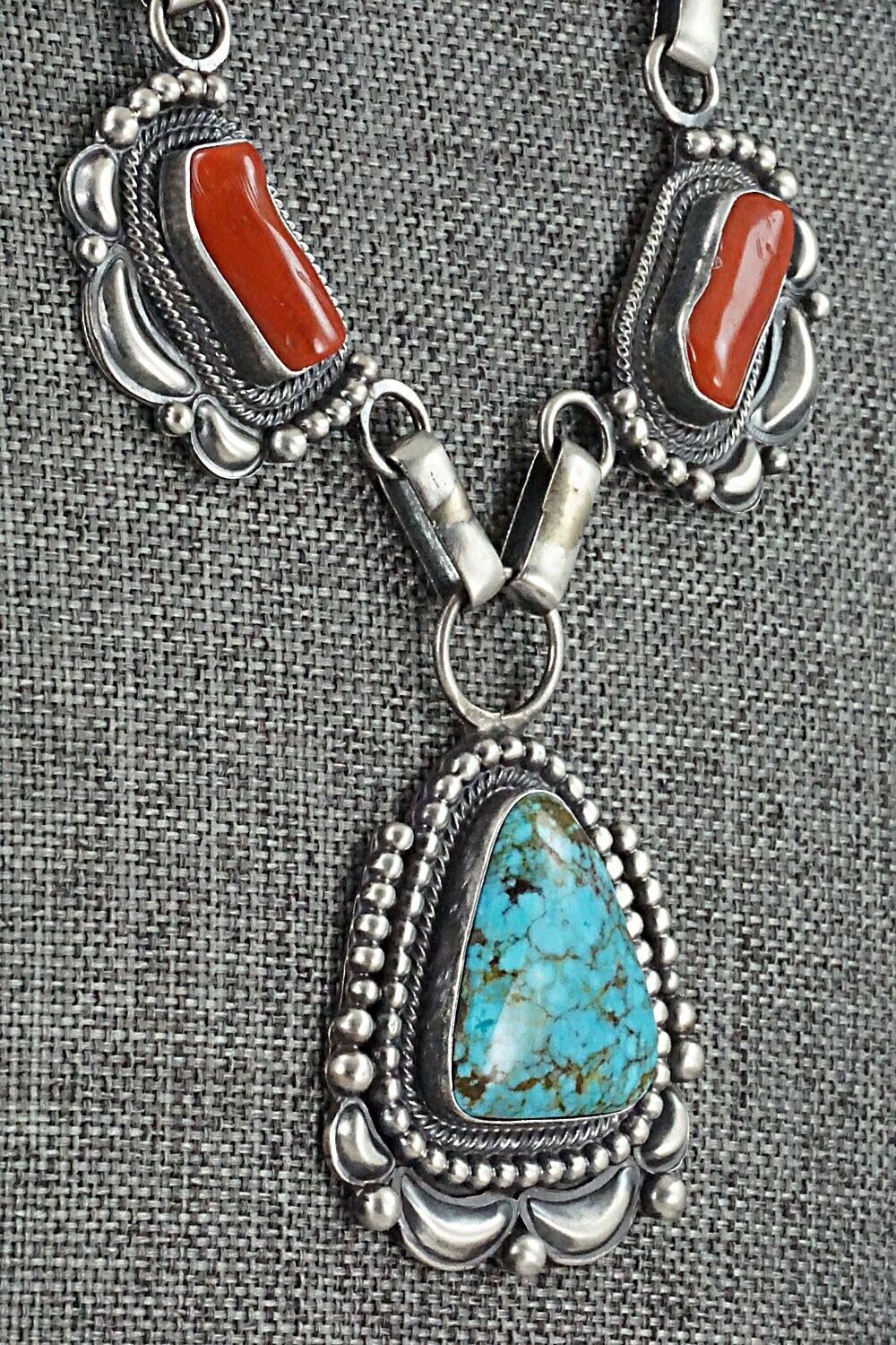 Turquoise, Coral & Sterling Silver Necklace and Earrings Set - Tom Lewis