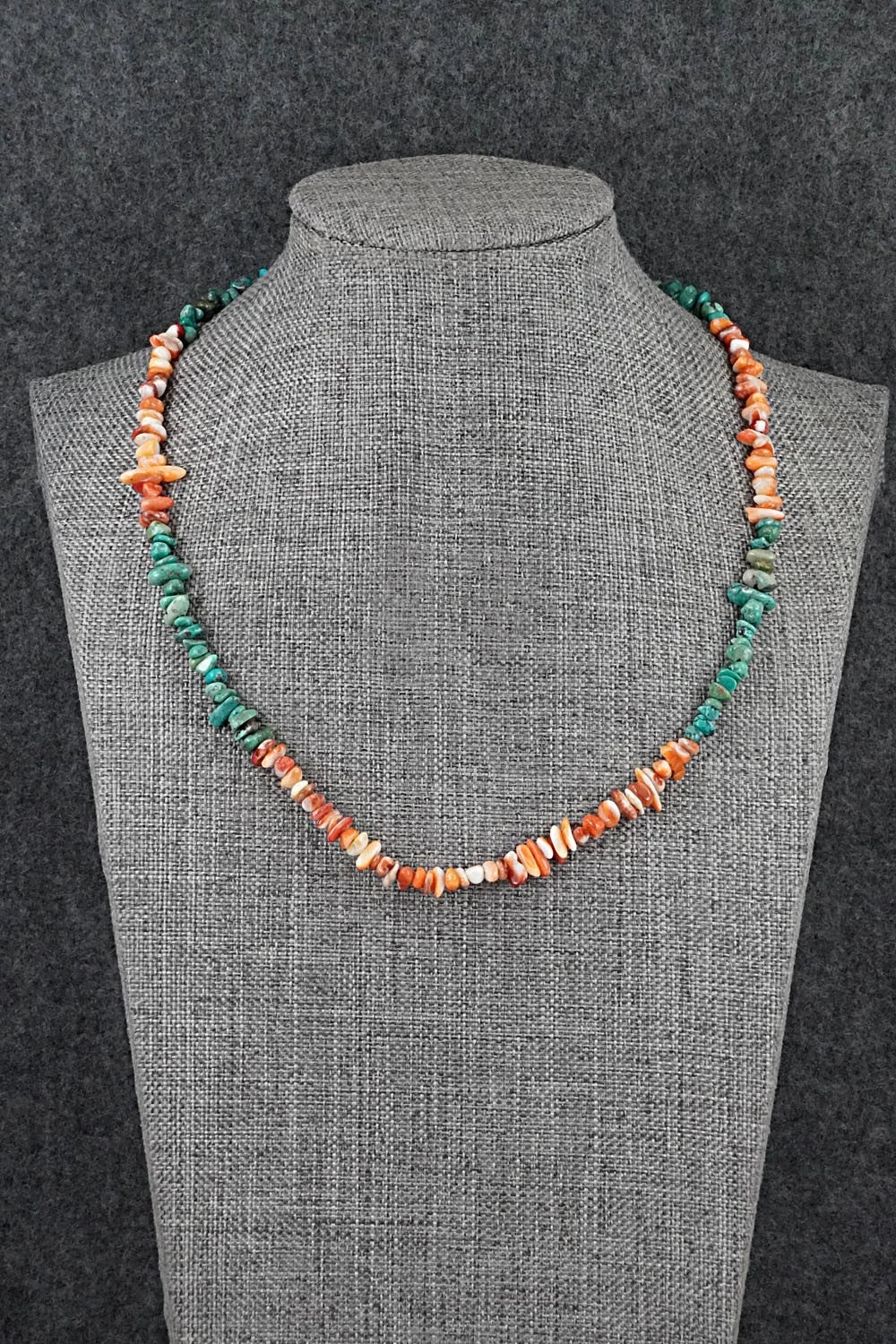 Turquoise, Spiny Oyster & Sterling Silver Necklace 17" - Doreen Jake
