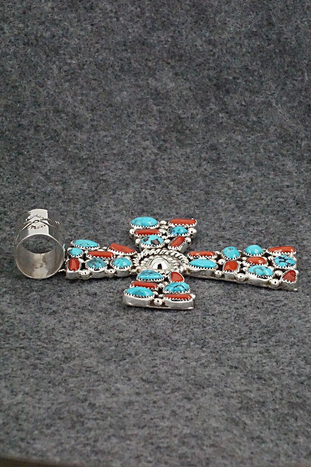 Turquoise, Coral and Sterling Silver Pendant - Marlene Haley