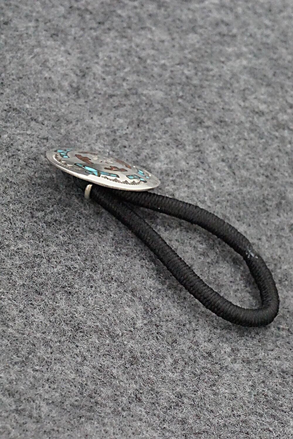 Turquoise, Coral Chip Inlay & Sterling Silver Hair Tie - Joleen Yazzie