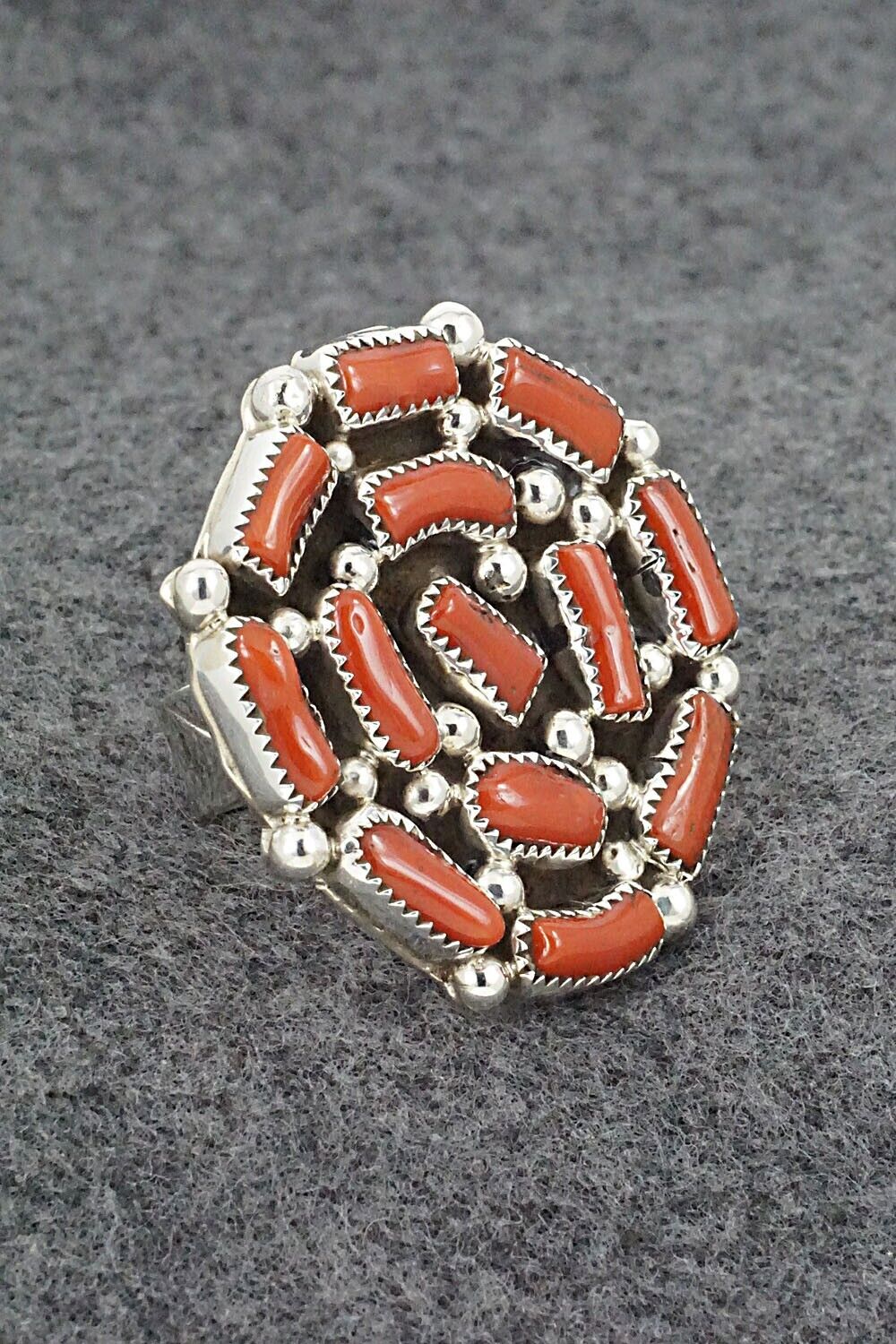 Coral and Sterling Silver Ring - Darlene Begay - Size 9.5