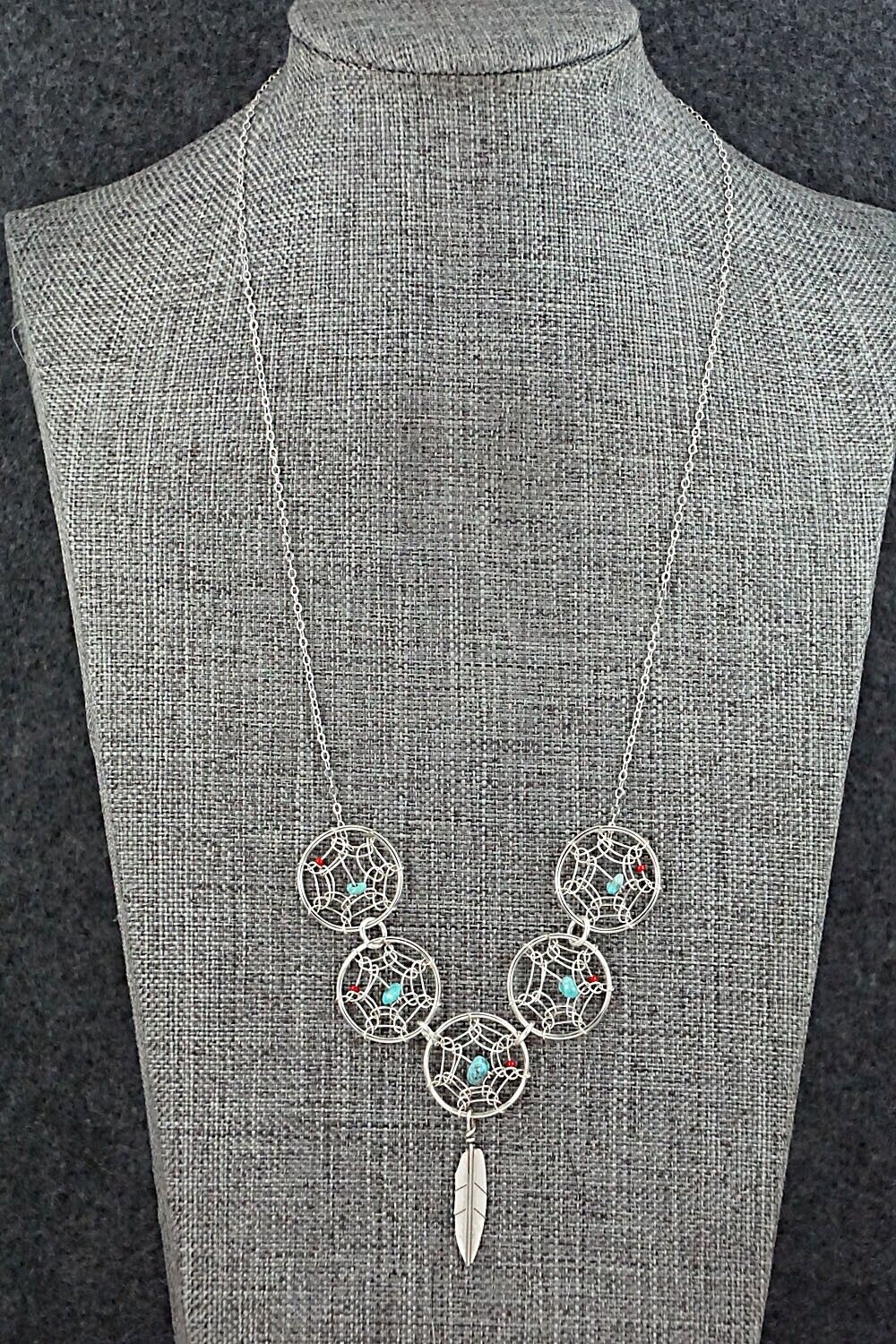 Turquoise, Coral & Sterling Silver Necklace - Lorenzo Arviso Jr.