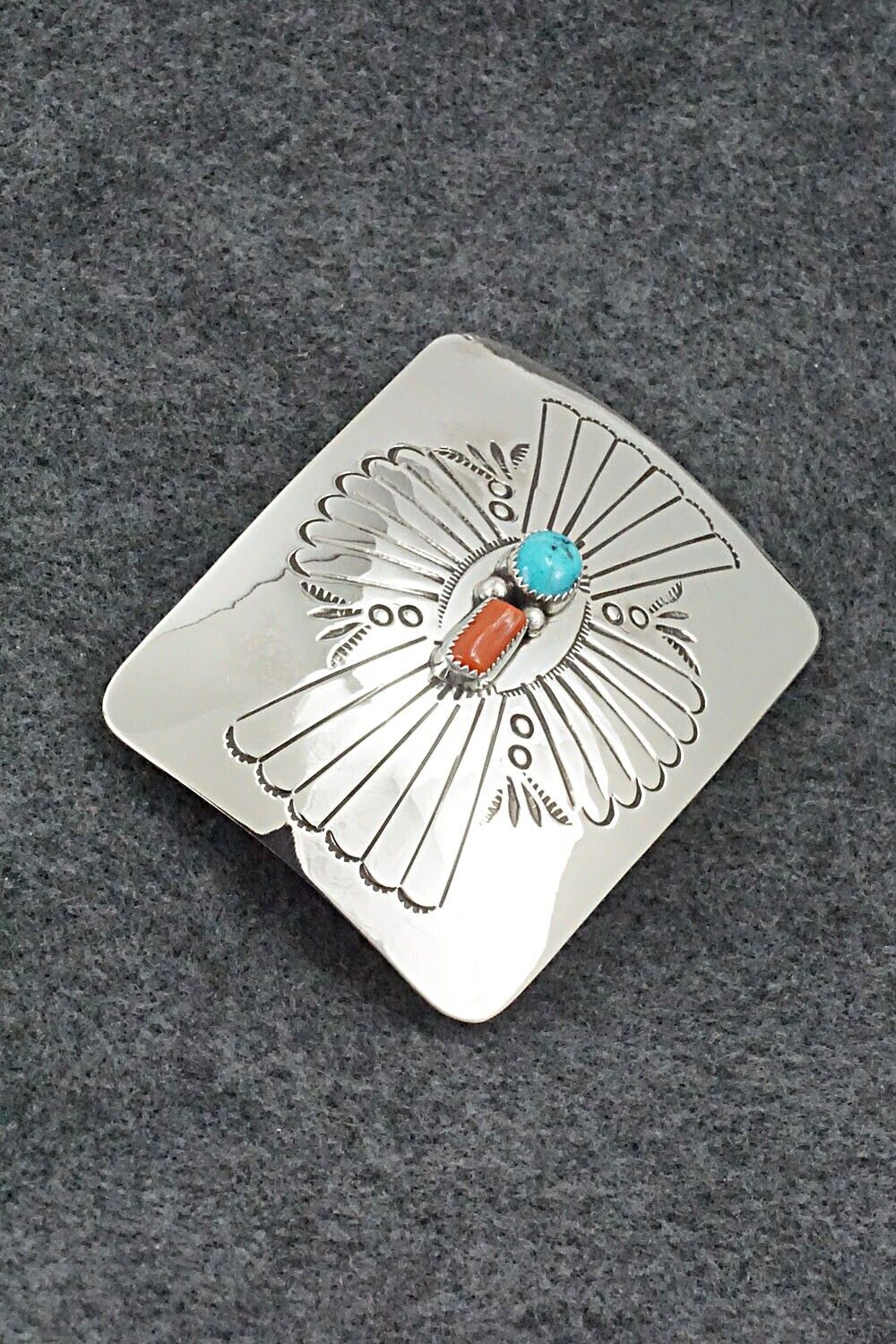 Turquoise, Coral & Sterling Silver Belt Buckle - Joann Silver