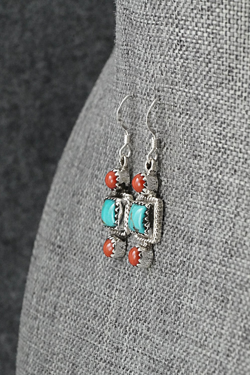 Turquoise, Coral & Sterling Silver Earrings - Gary Shorty