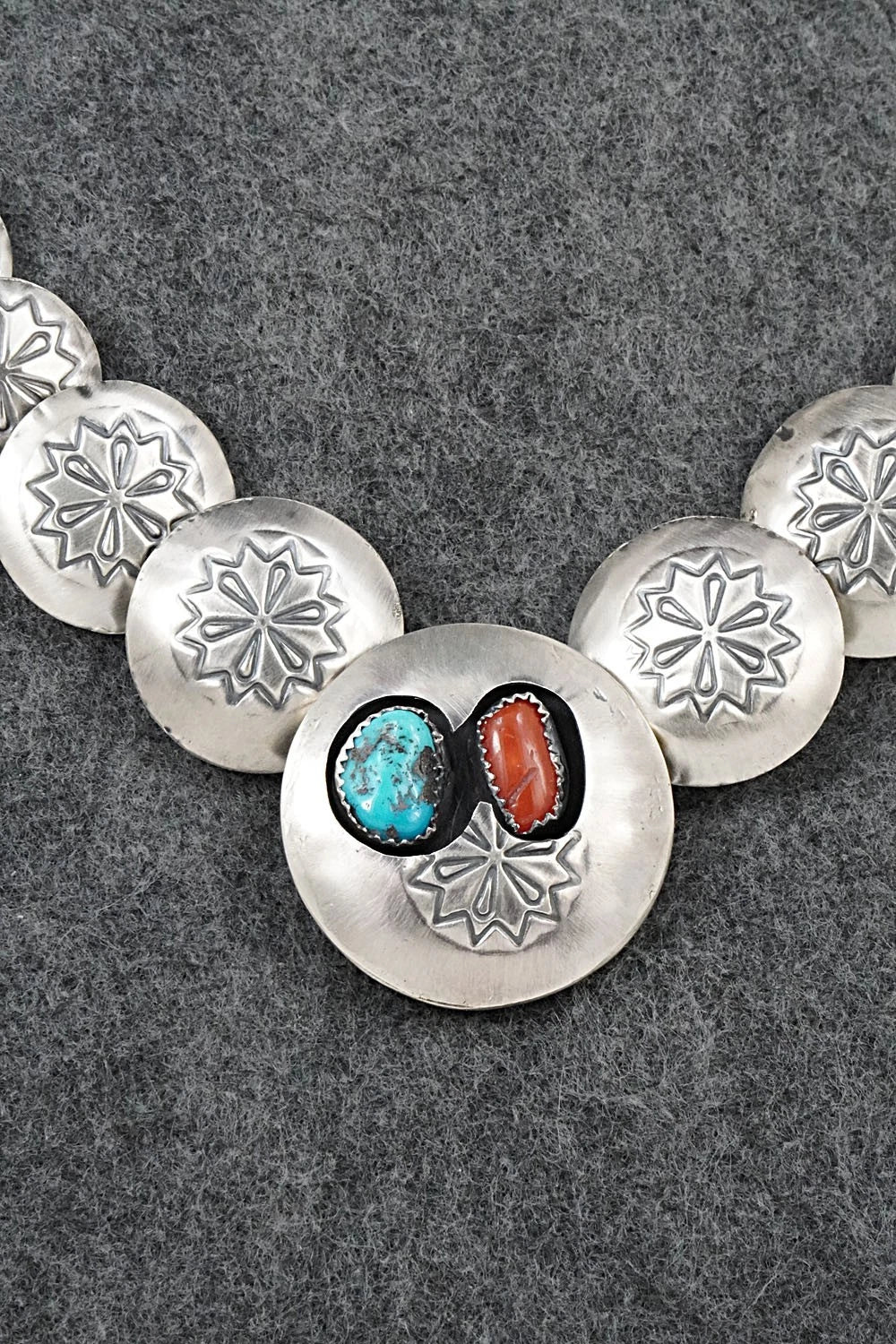 Turquoise, Coral & Sterling Silver Necklace and Earrings Set - Tim Thompson