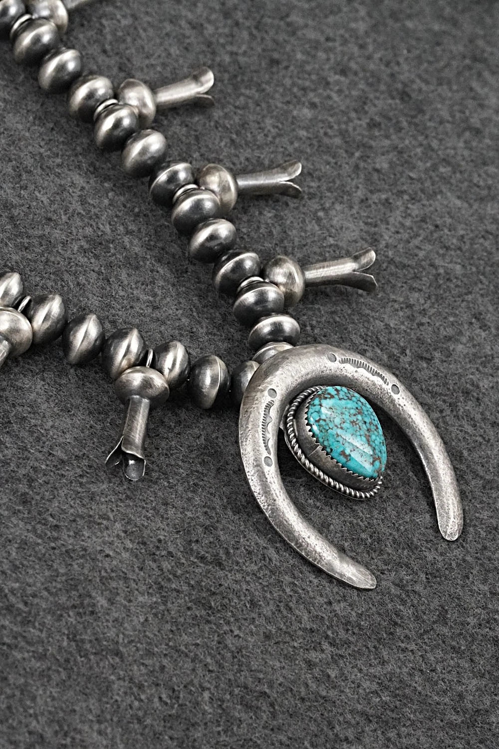 Turquoise & Sterling Silver Navajo Pearl Squash Blossom Necklace - Presley Haley
