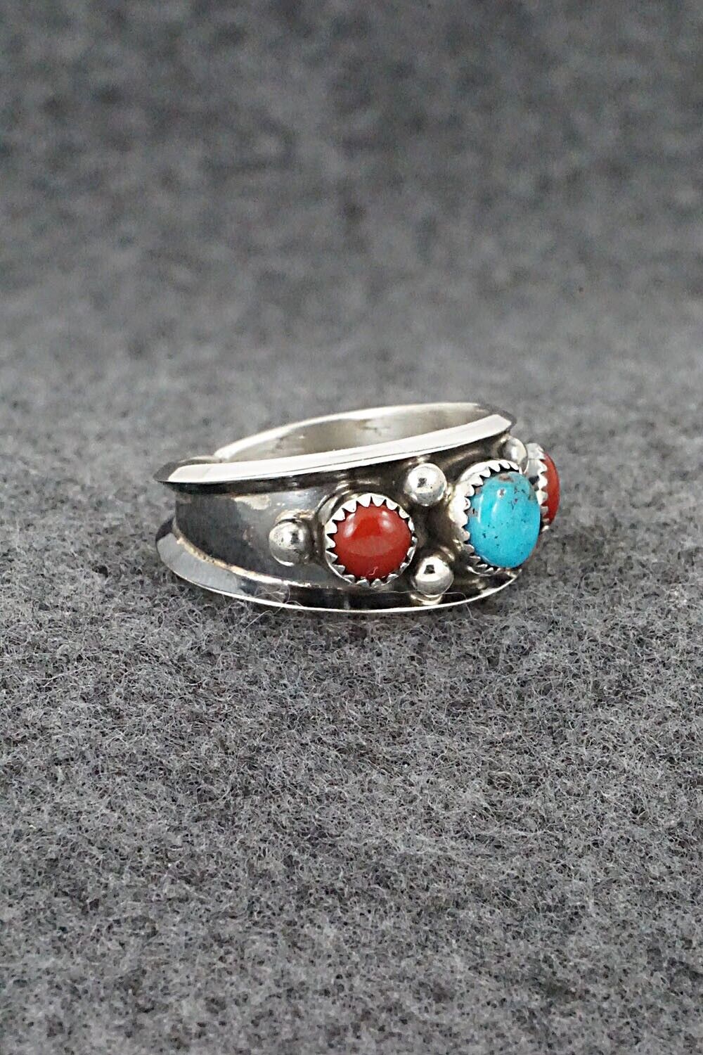 Turquoise, Coral & Sterling Silver Ring - Paul Largo - Size 10