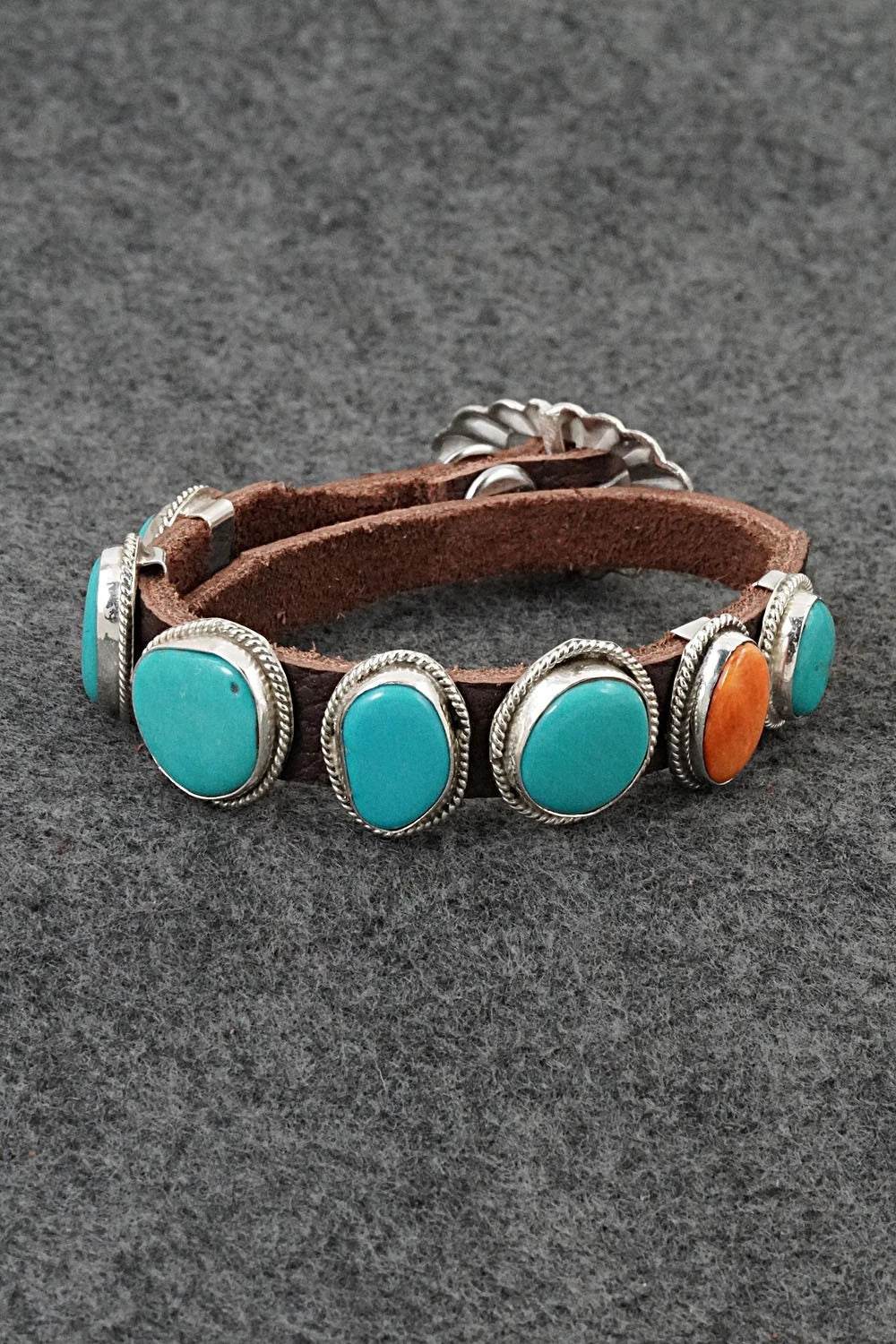 Turquoise, Spiny Oyster, Sterling Silver & Leather Bracelet - Rosita Charlie