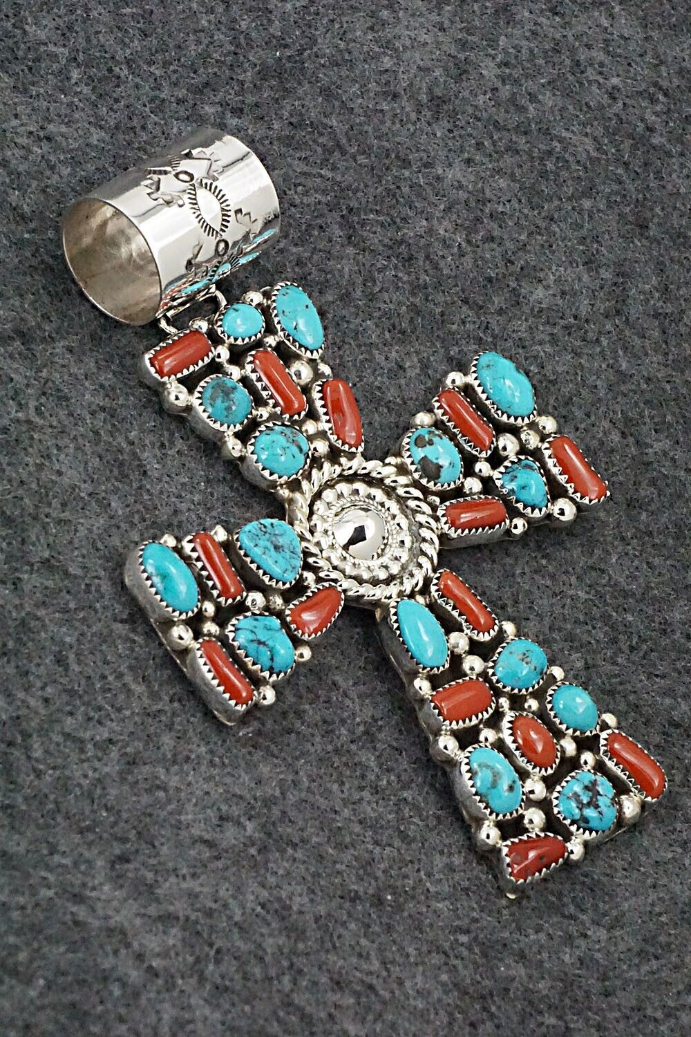 Turquoise, Coral and Sterling Silver Pendant - Marlene Haley