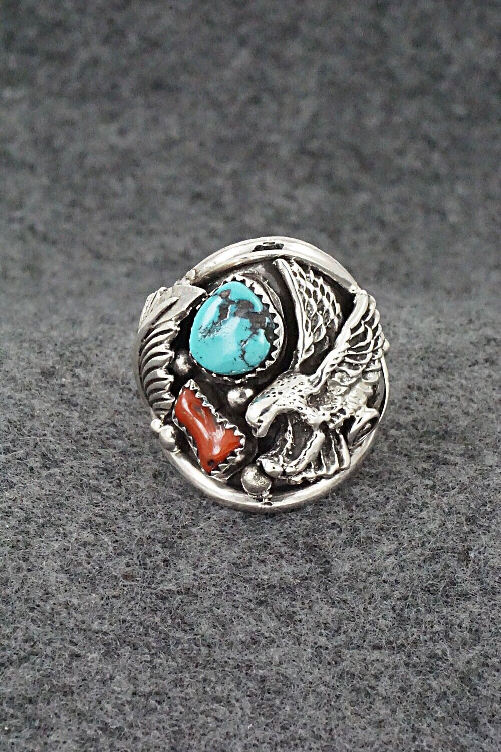 Turquoise, Coral & Sterling Silver Ring - Jeannette Saunders - Size 11