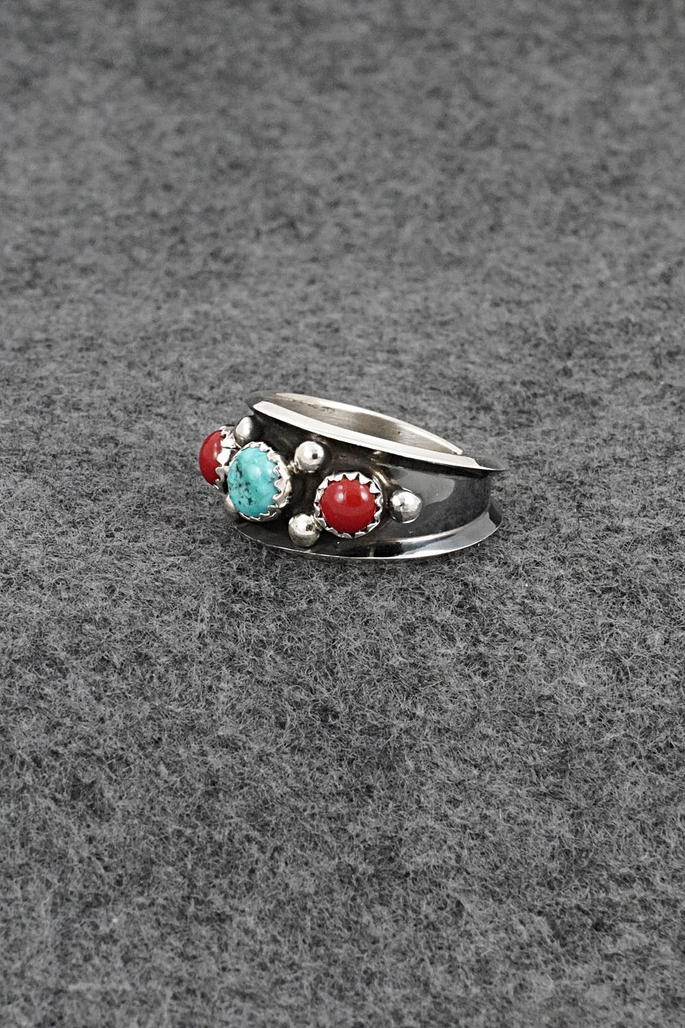 Turquoise, Coral & Sterling Silver Ring - Paul Largo - Size 9.5