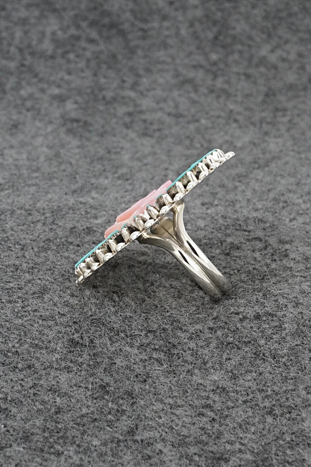 Turquoise, Pink Conch & Sterling Silver Ring - Roland Francisco - Size Adj.