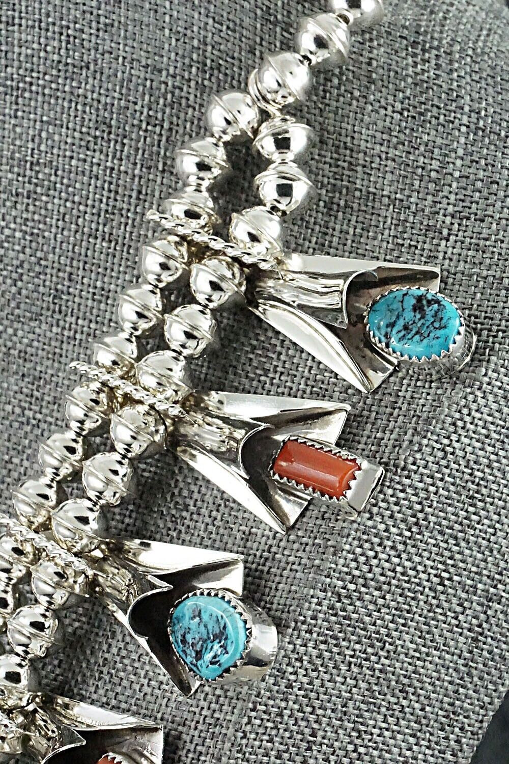 Turquoise, Coral & Sterling Silver Squash Blossom Set - Louise Yazzie