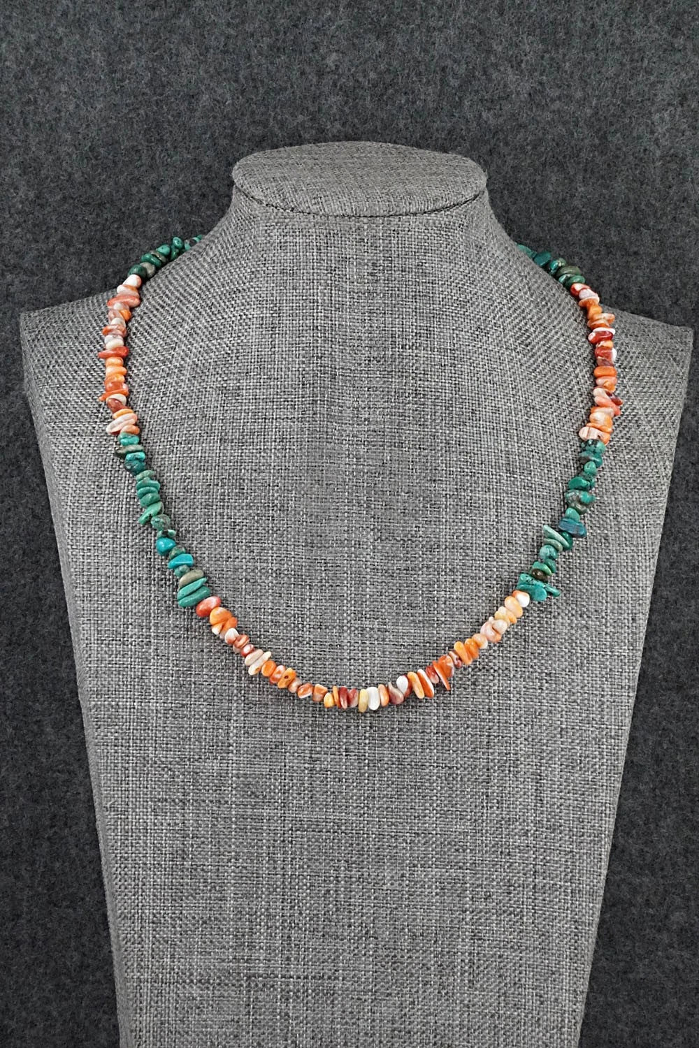 Turquoise, Spiny Oyster & Sterling Silver Necklace 17" - Doreen Jake