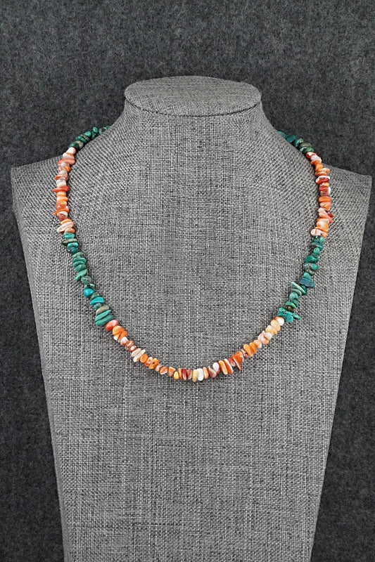 Turquoise, Spiny Oyster & Sterling Silver Necklace 17" - Doreen Jake
