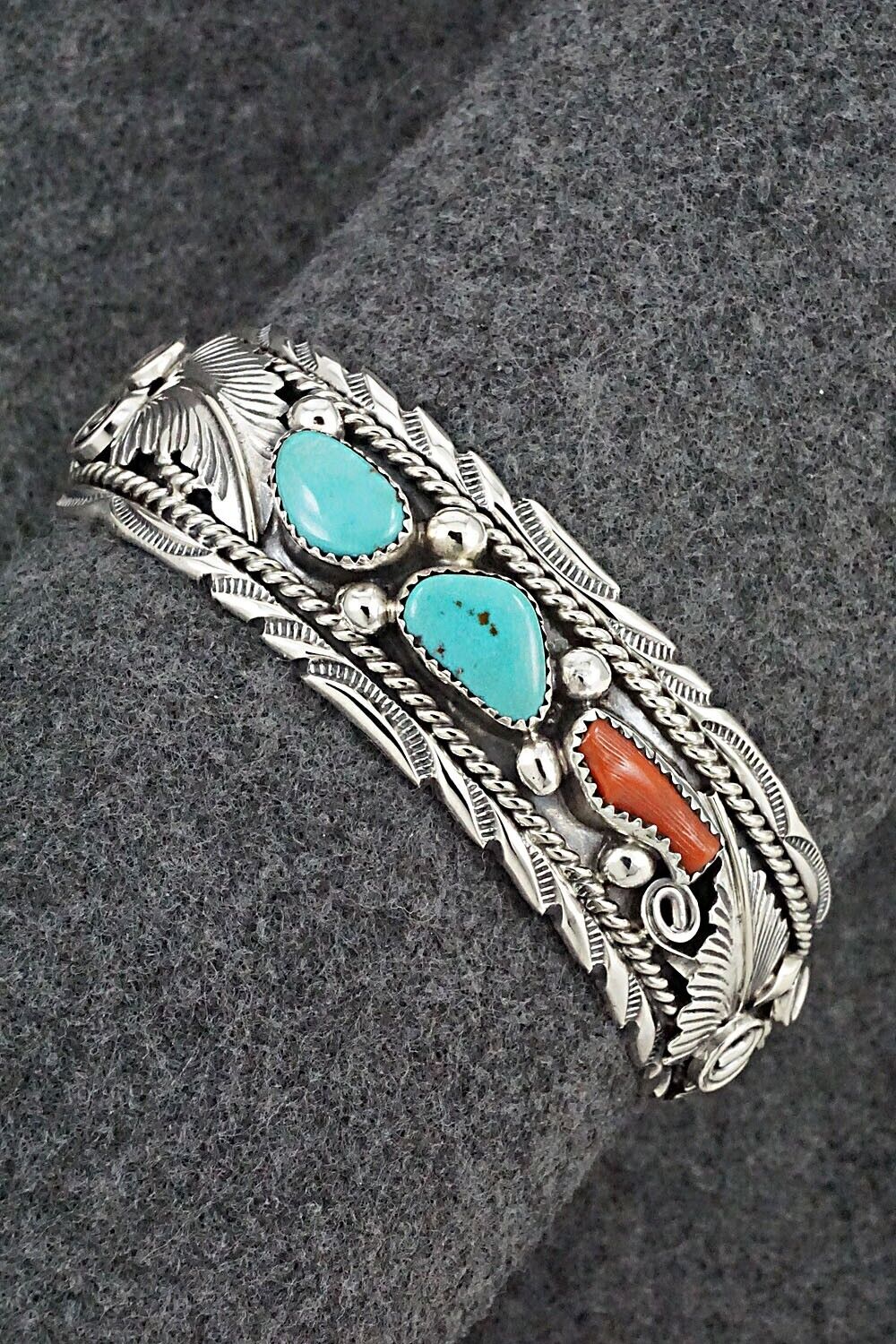 Turquoise, Coral & Sterling Silver Bracelet - Marie Thomas