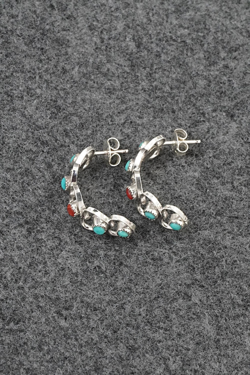 Turquoise, Coral & Sterling Silver Earrings - Hazel Pablito