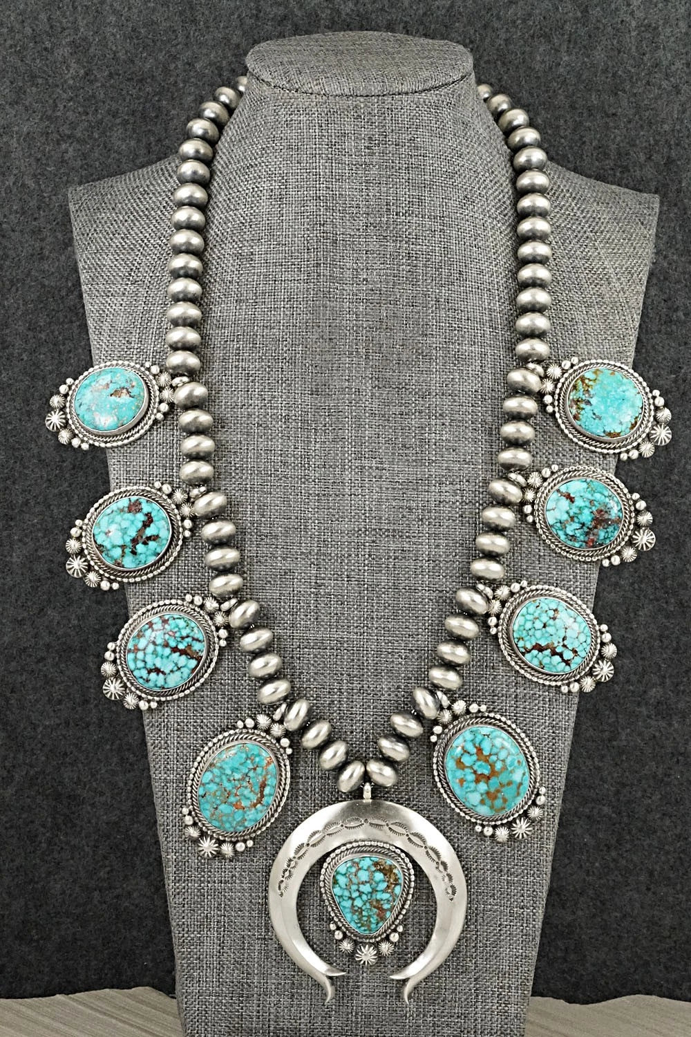 Turquoise & Sterling Silver Squash Blossom Necklace - Tom Lewis