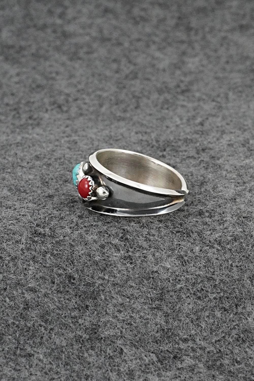 Turquoise, Coral & Sterling Silver Ring - Paul Largo - Size 9.5