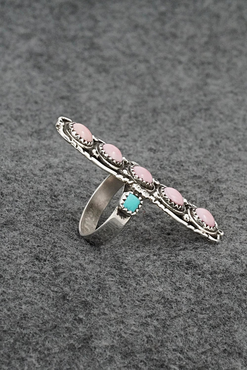 Pink Conch, Turquoise & Sterling Silver Ring - Priscilla Reeder - Size 7.5