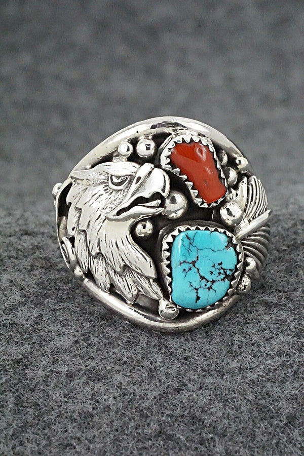 Turquoise, Coral & Sterling Silver Ring - Jeannette Saunders - Size 13.75