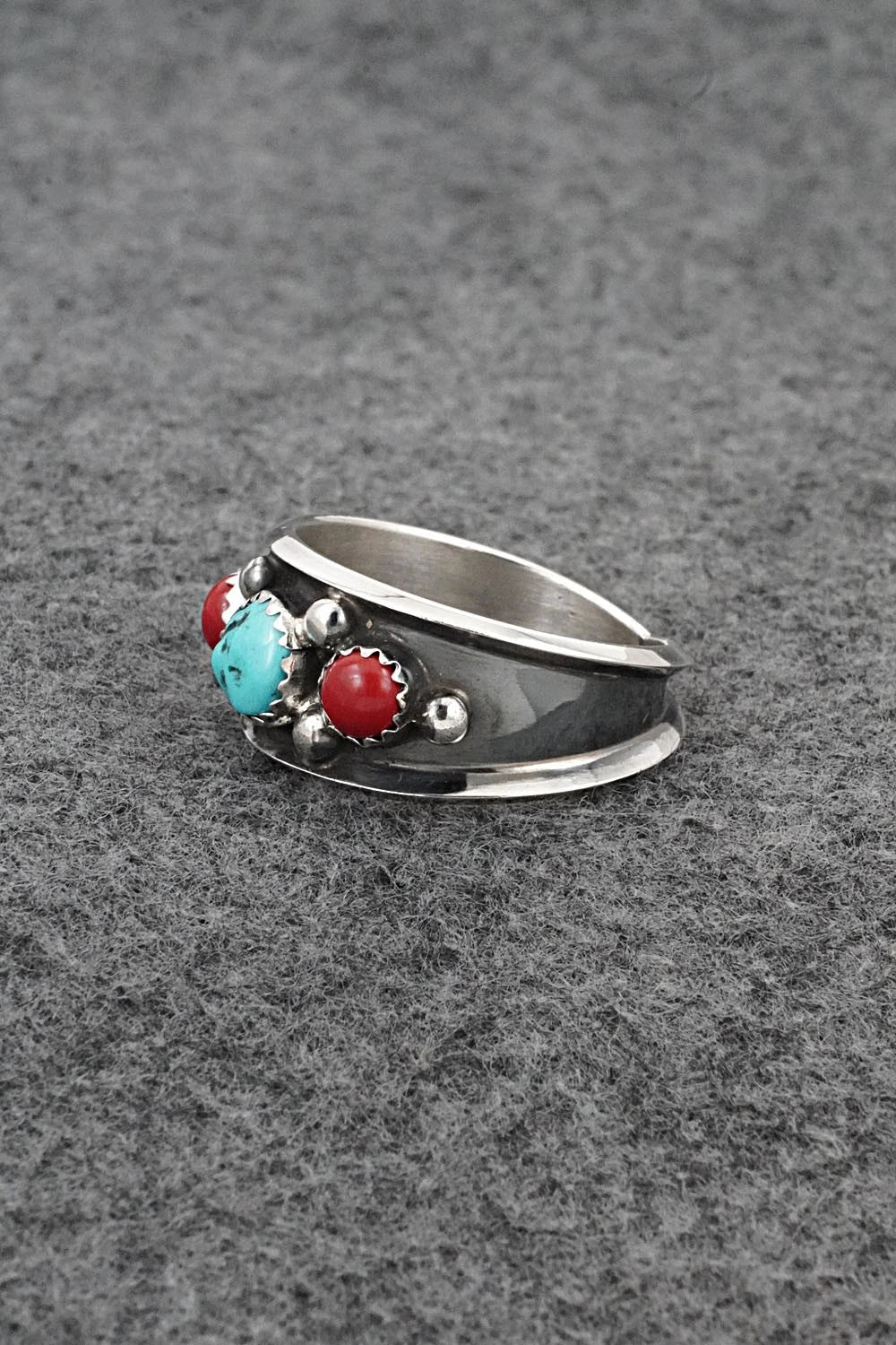 Turquoise, Coral & Sterling Silver Ring - Paul Largo - Size 12