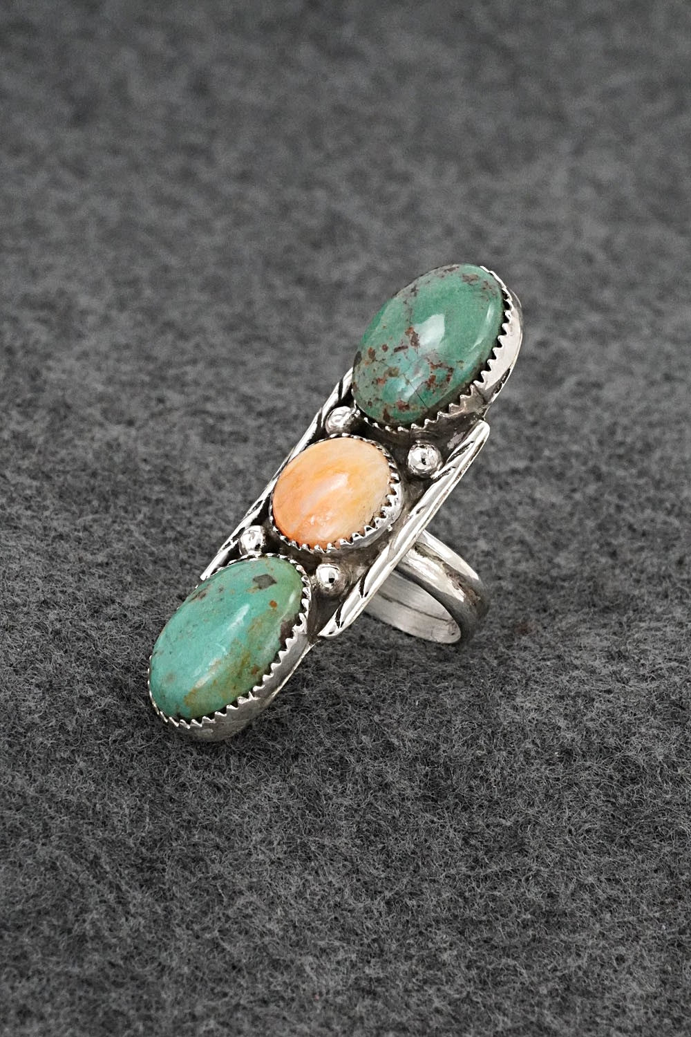 Turquoise, Spiny Oyster & Sterling Silver Ring - Priscilla Reeder - Size 7.5