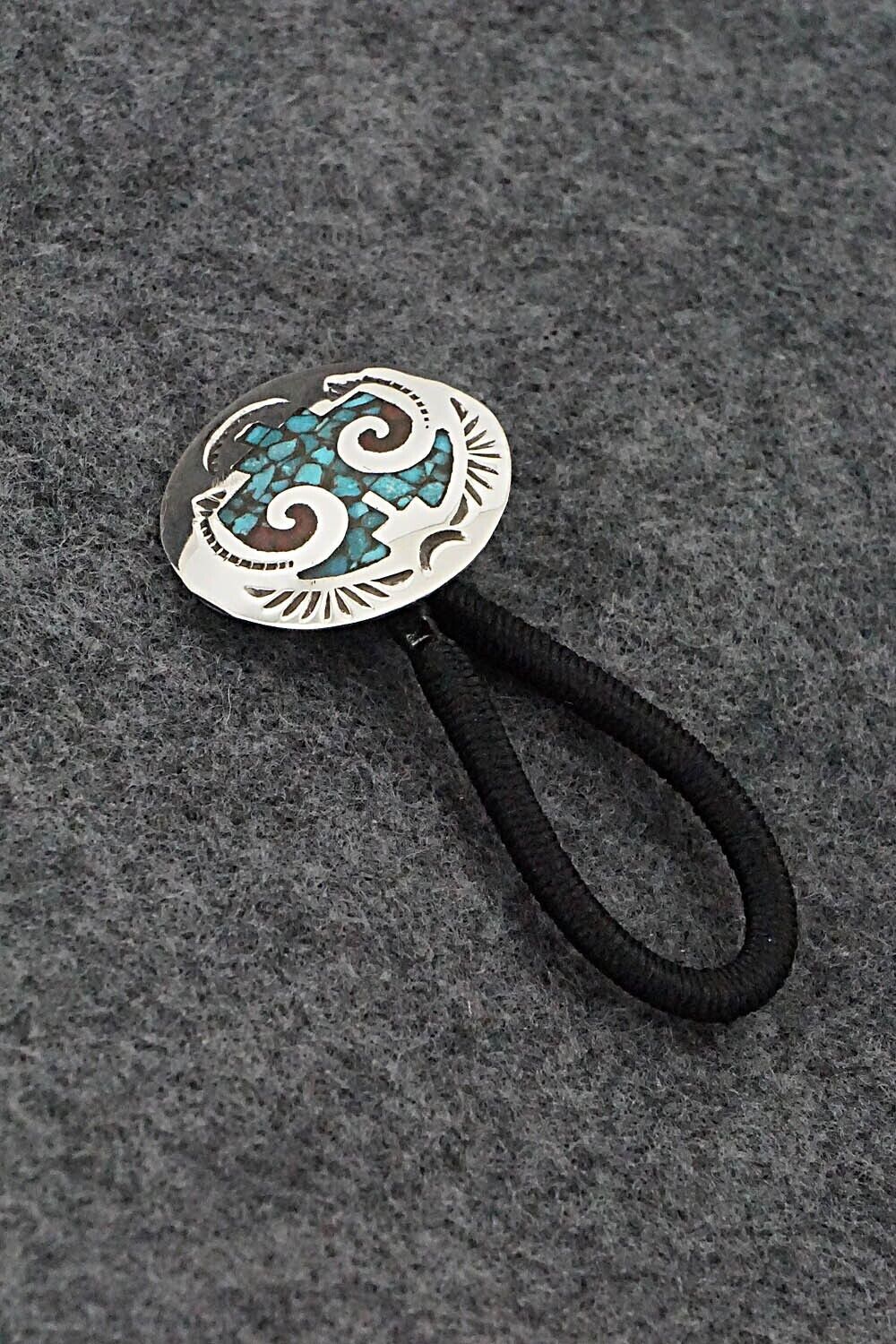 Turquoise, Coral Chip Inlay & Sterling Silver Hair Tie - Joleen Yazzie