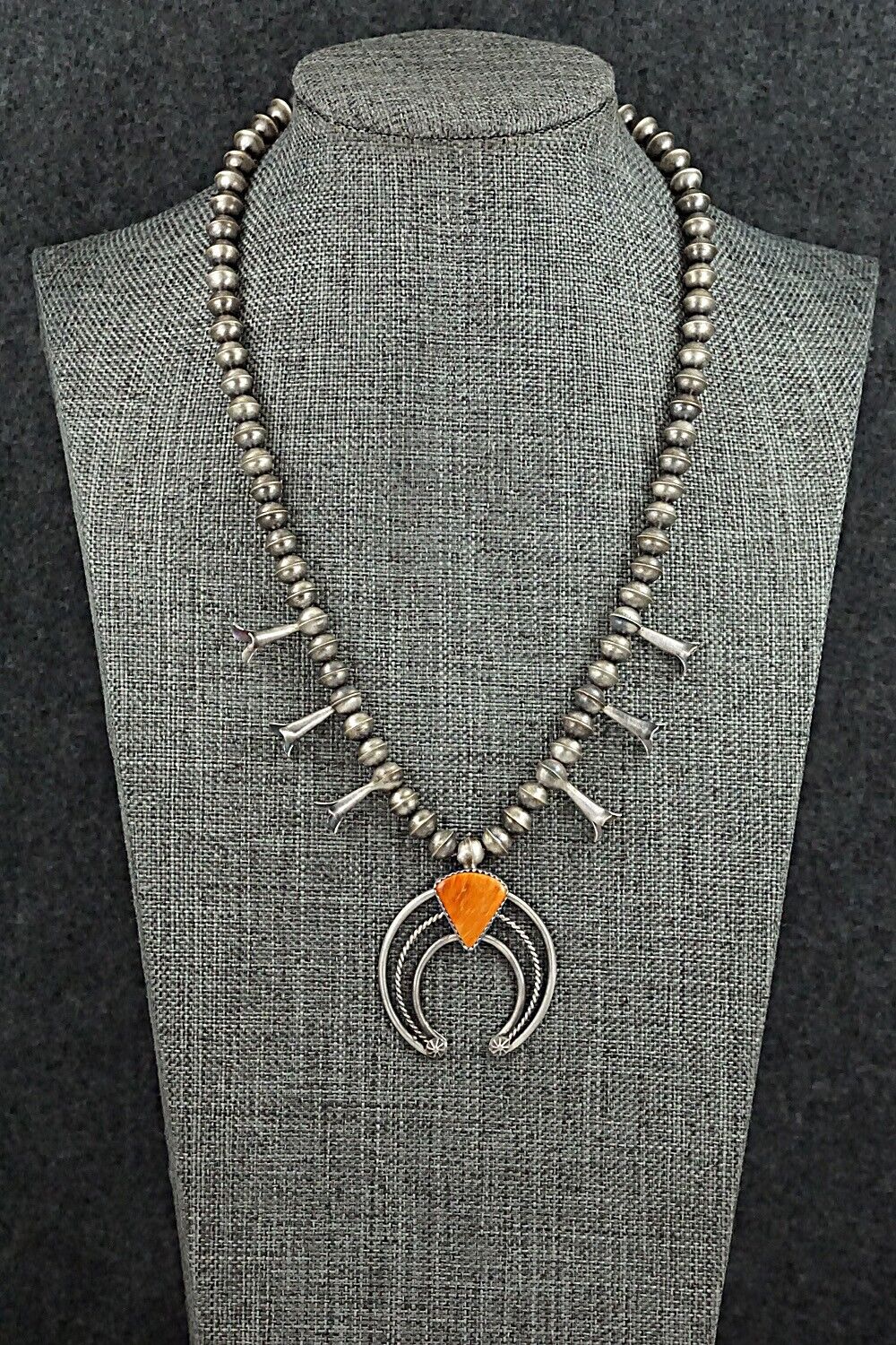 Spiny Oyster & Sterling Silver Squash Blossom Necklace - Phil Garcia