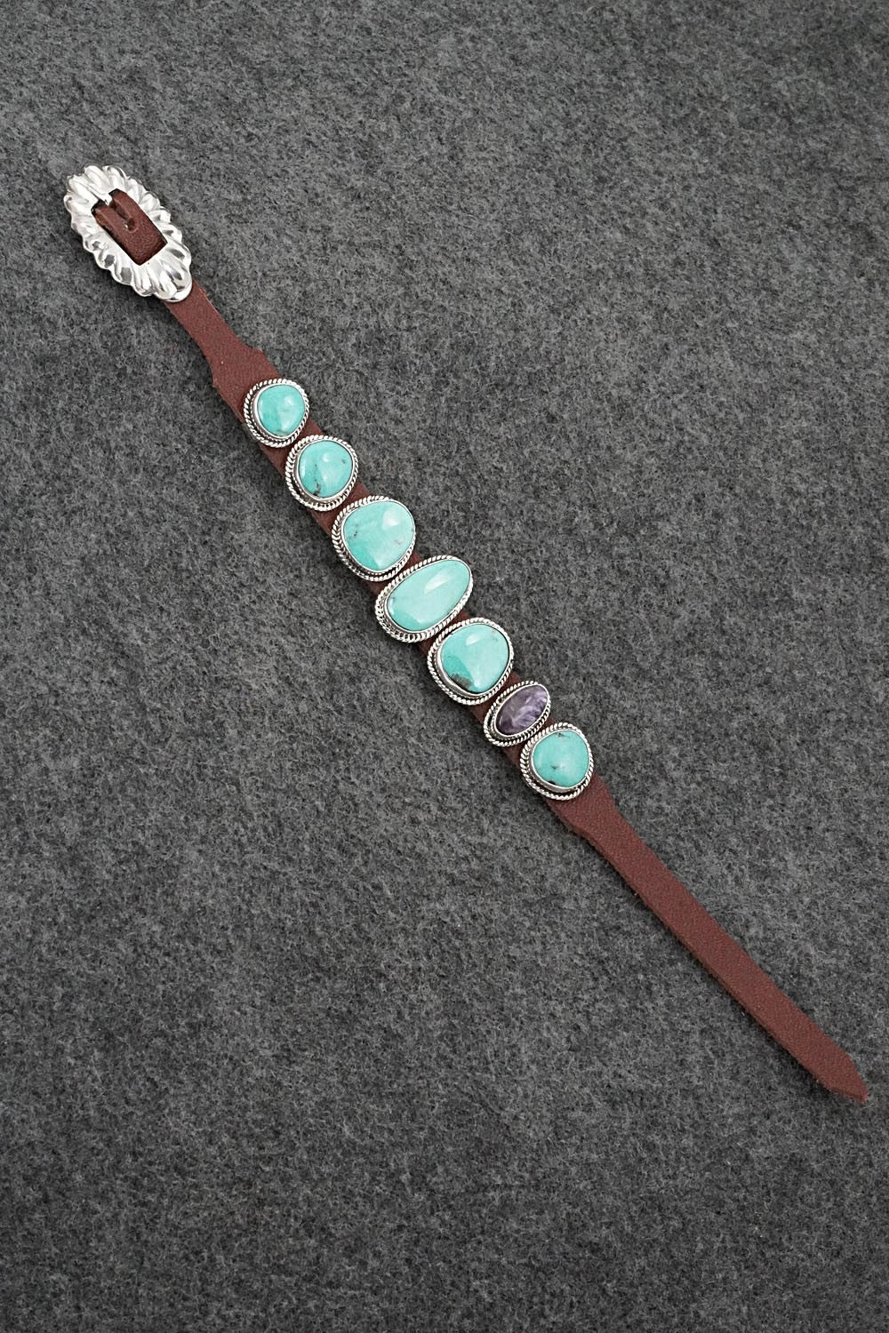 Turquoise, Spiny Oyster, Sterling Silver & Leather Bracelet - Bonnie Willie