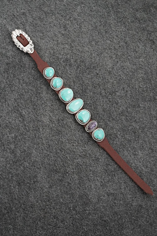 Turquoise, Spiny Oyster, Sterling Silver & Leather Bracelet - Bonnie Willie