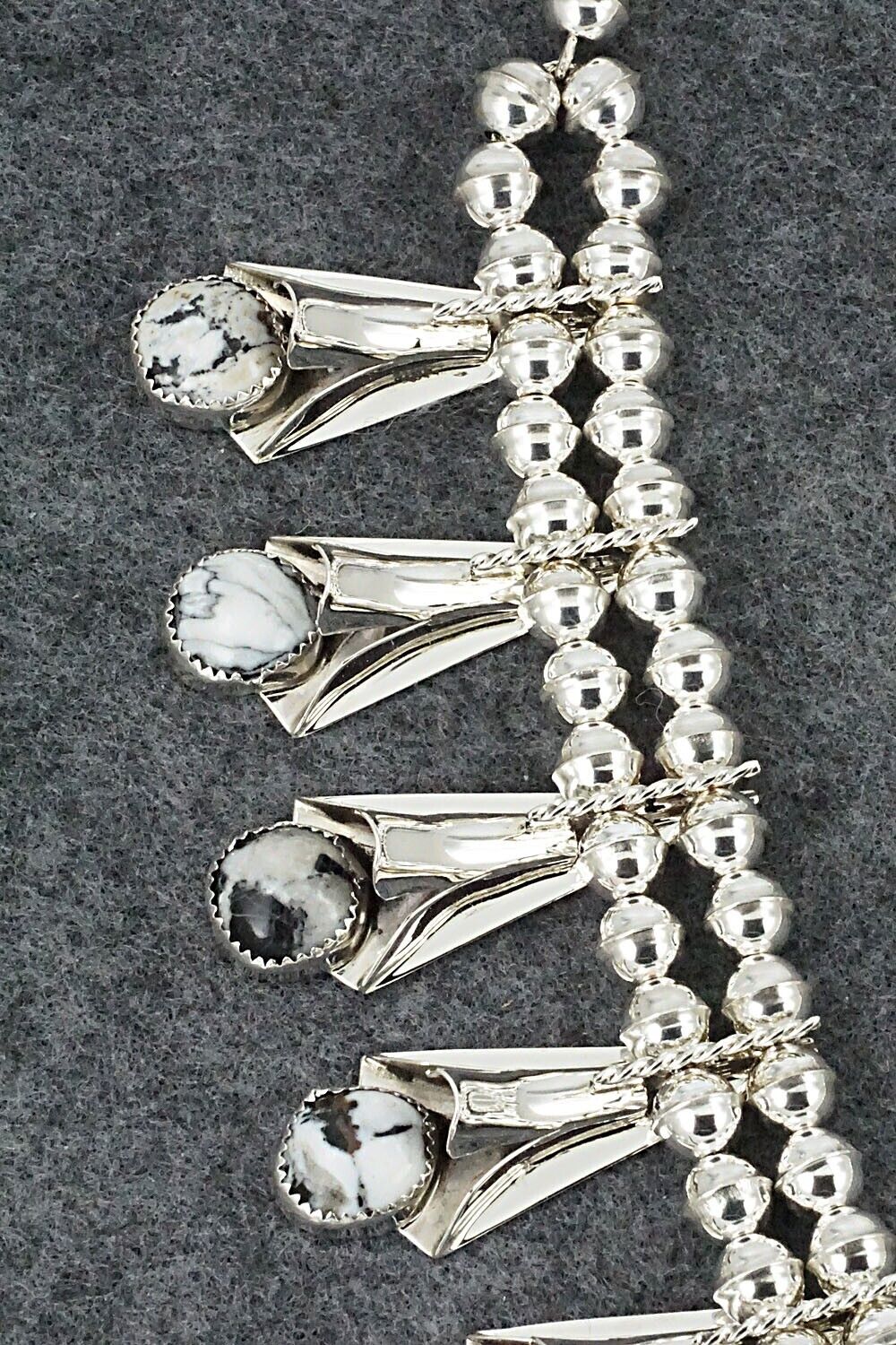 White Buffalo & Sterling Silver Squash Blossom Set - Louise Yazzie