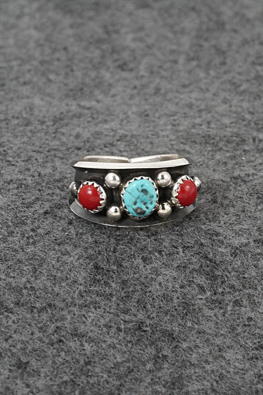 Turquoise, Coral & Sterling Silver Ring - Paul Largo - Size 9