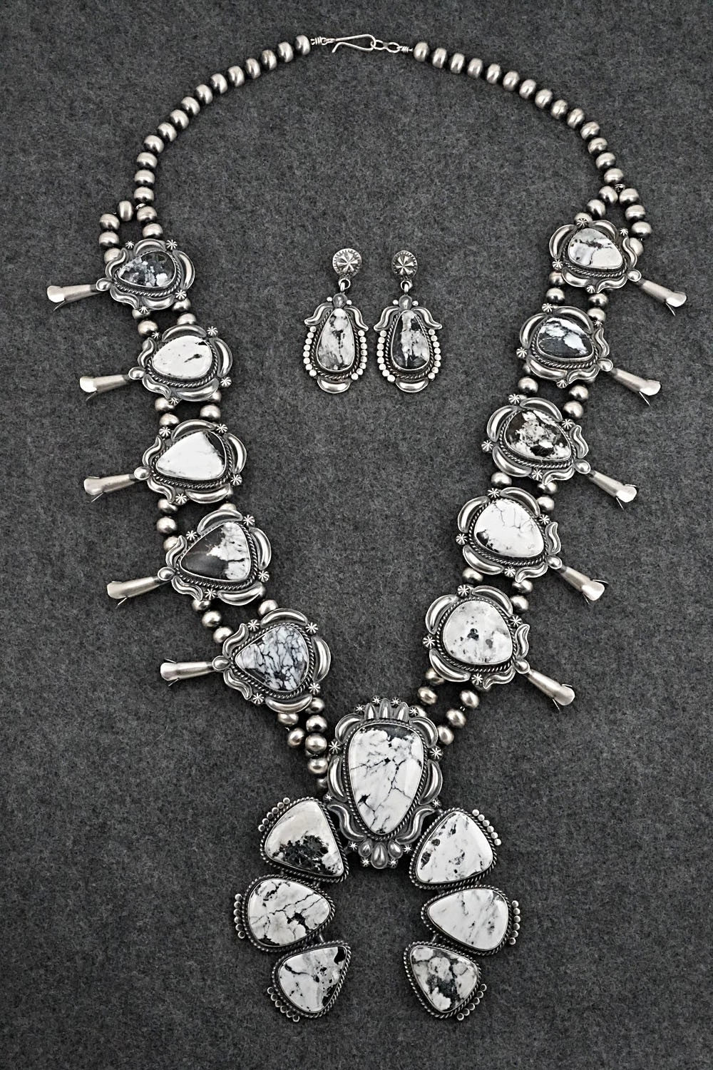 White Buffalo & Sterling Silver Squash Blossom Set - Raymond Delgarito