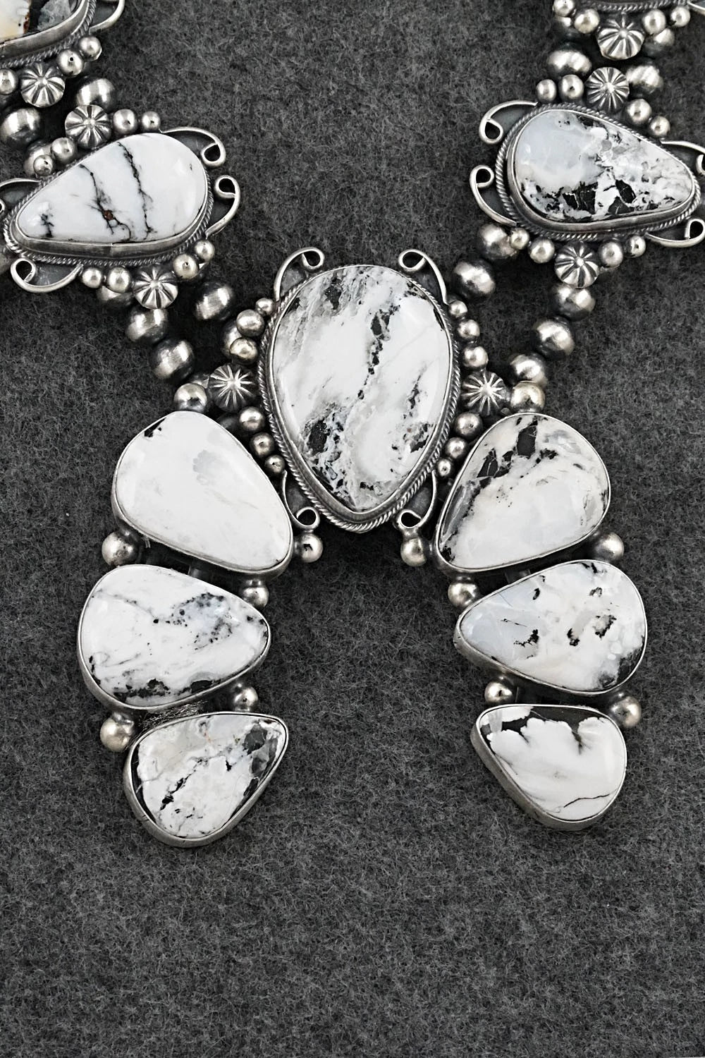 White Buffalo & Sterling Silver Squash Blossom Set - Paul Livingston