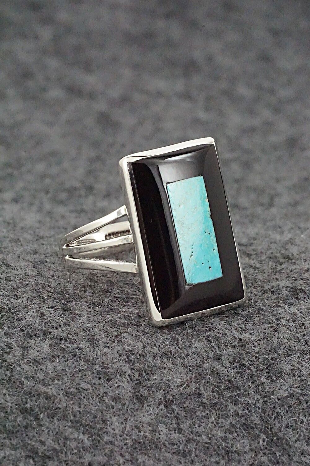 Turquoise, Onyx & Sterling Silver Ring - Harlan Coonsis - Size 8.75