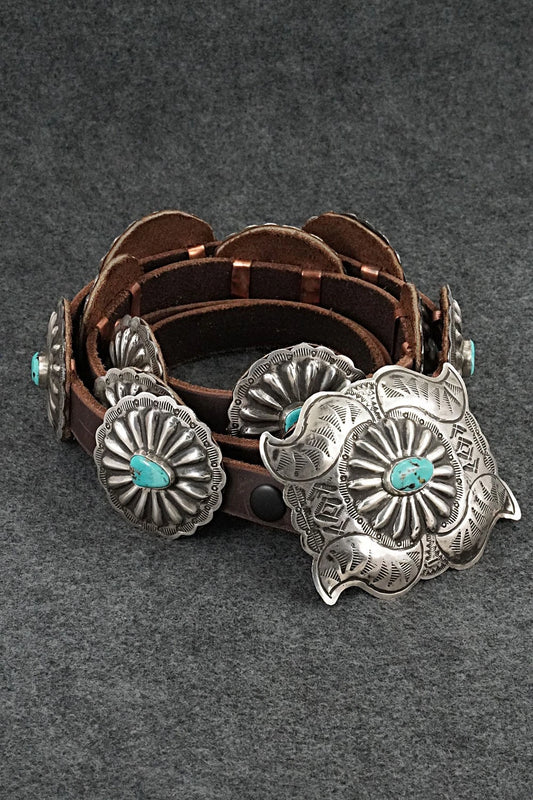 Turquoise, Sterling Silver & Leather Concho Belt - Marilyn Ramone