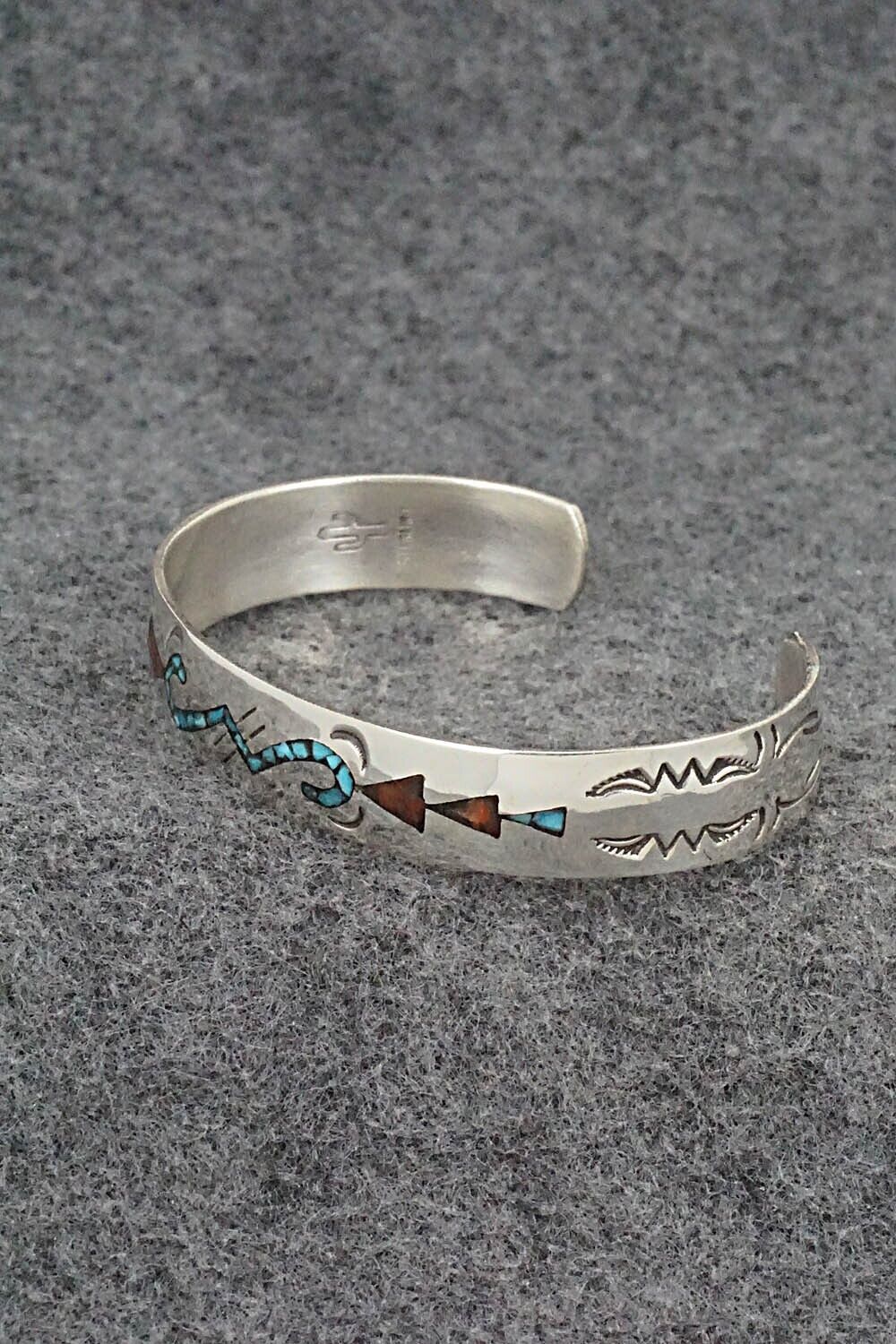 Turquoise, Coral Chip Inlay & Sterling Silver Bracelet - Joleen Yazzie