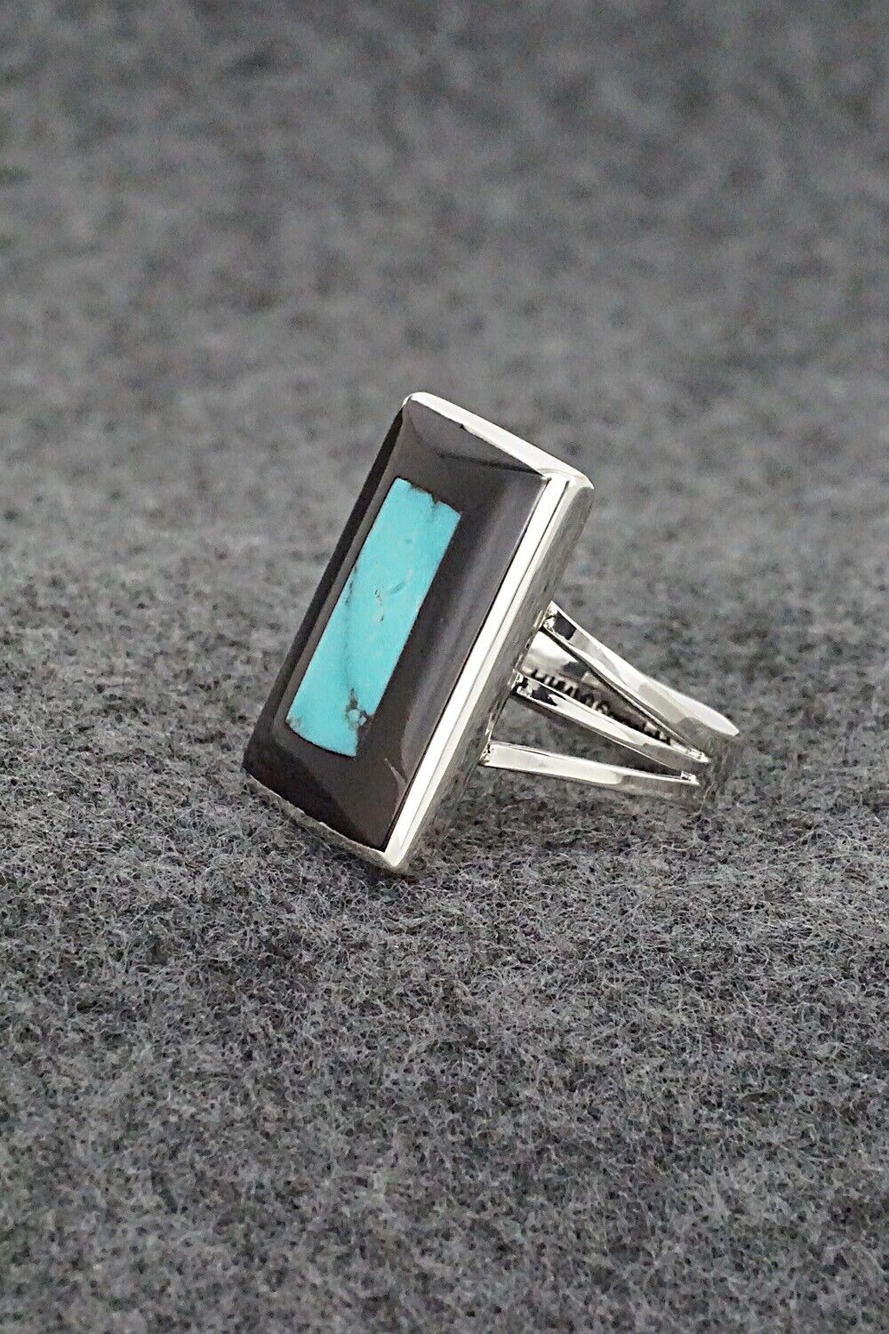 Turquoise, Onyx & Sterling Silver Inlay Ring - Harlen Consis - Size 7.25