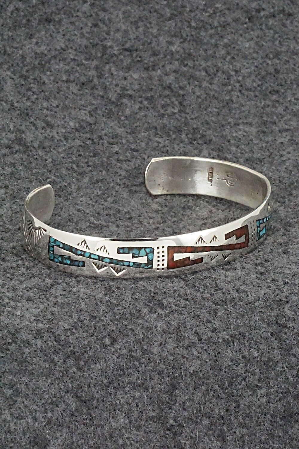 Turquoise, Coral Chip Inlay & Sterling Silver Bracelet - Joleen Yazzie