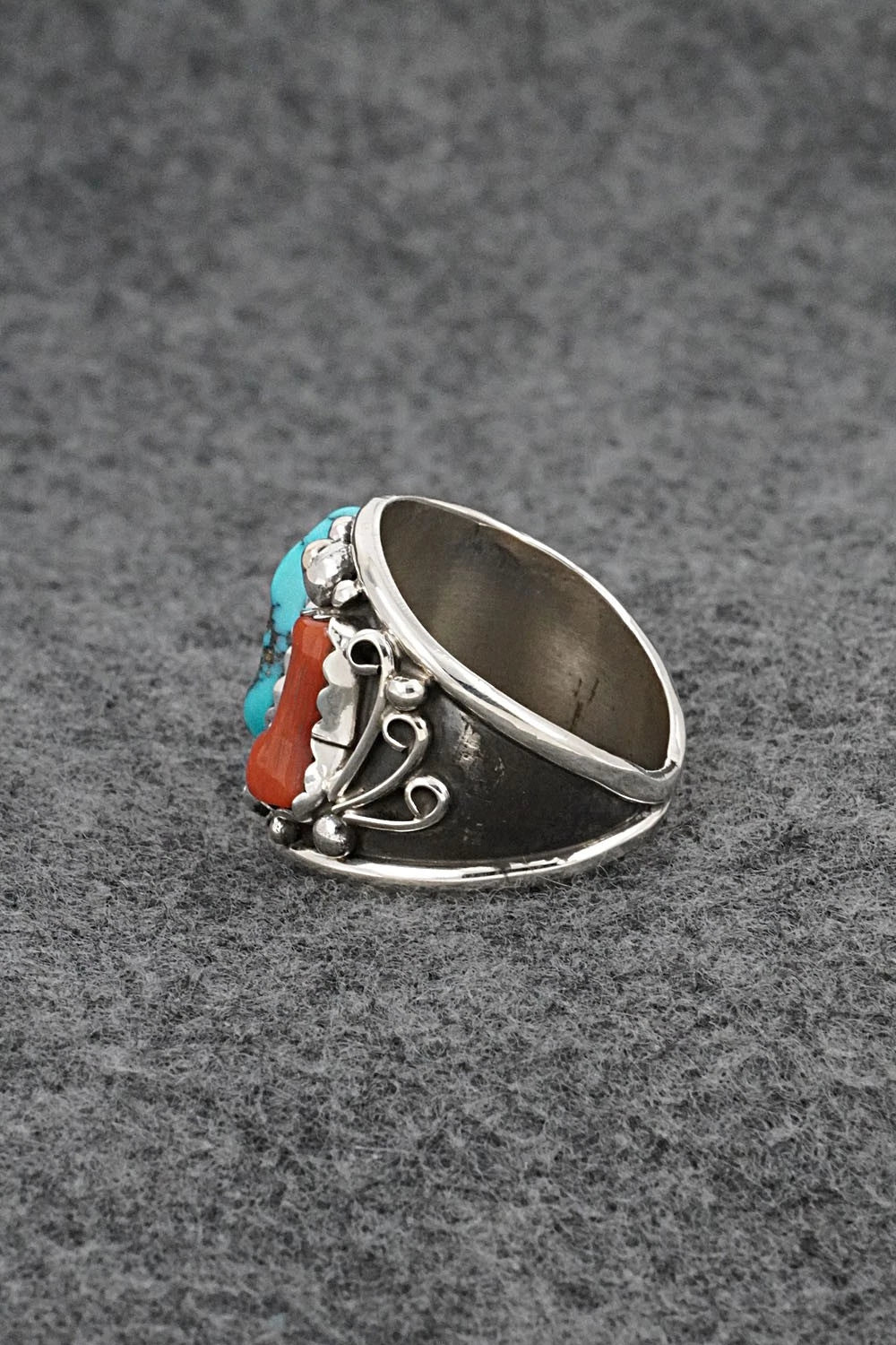 Turquoise, Coral & Sterling Silver Ring - Darrell Morgan - Size 11
