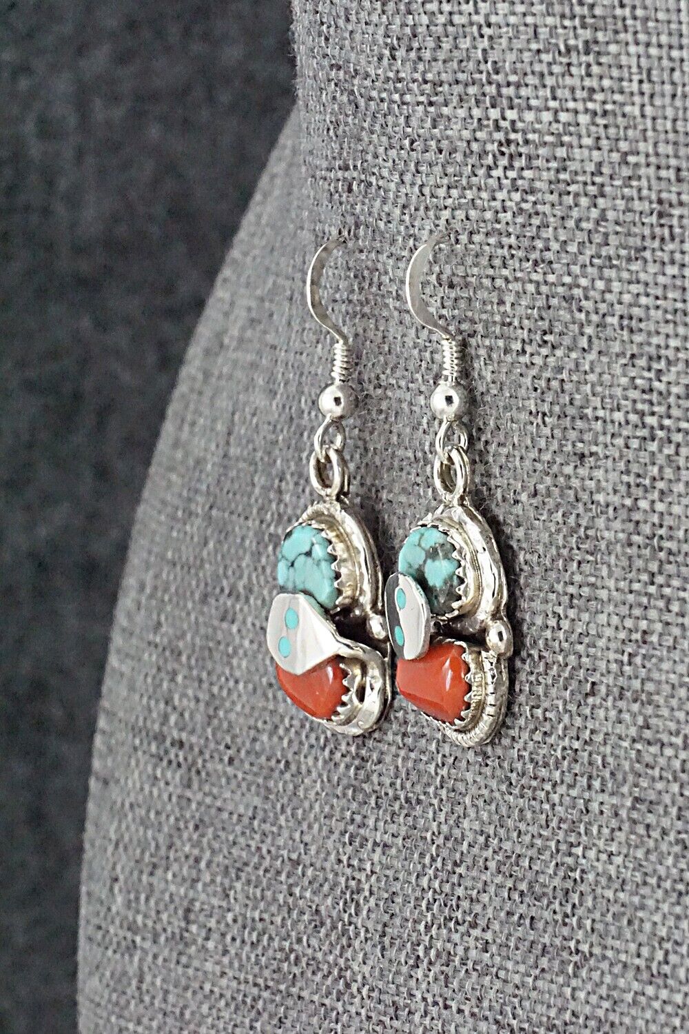 Turquoise, Coral & Sterling Silver Earrings - Joy Calavaza