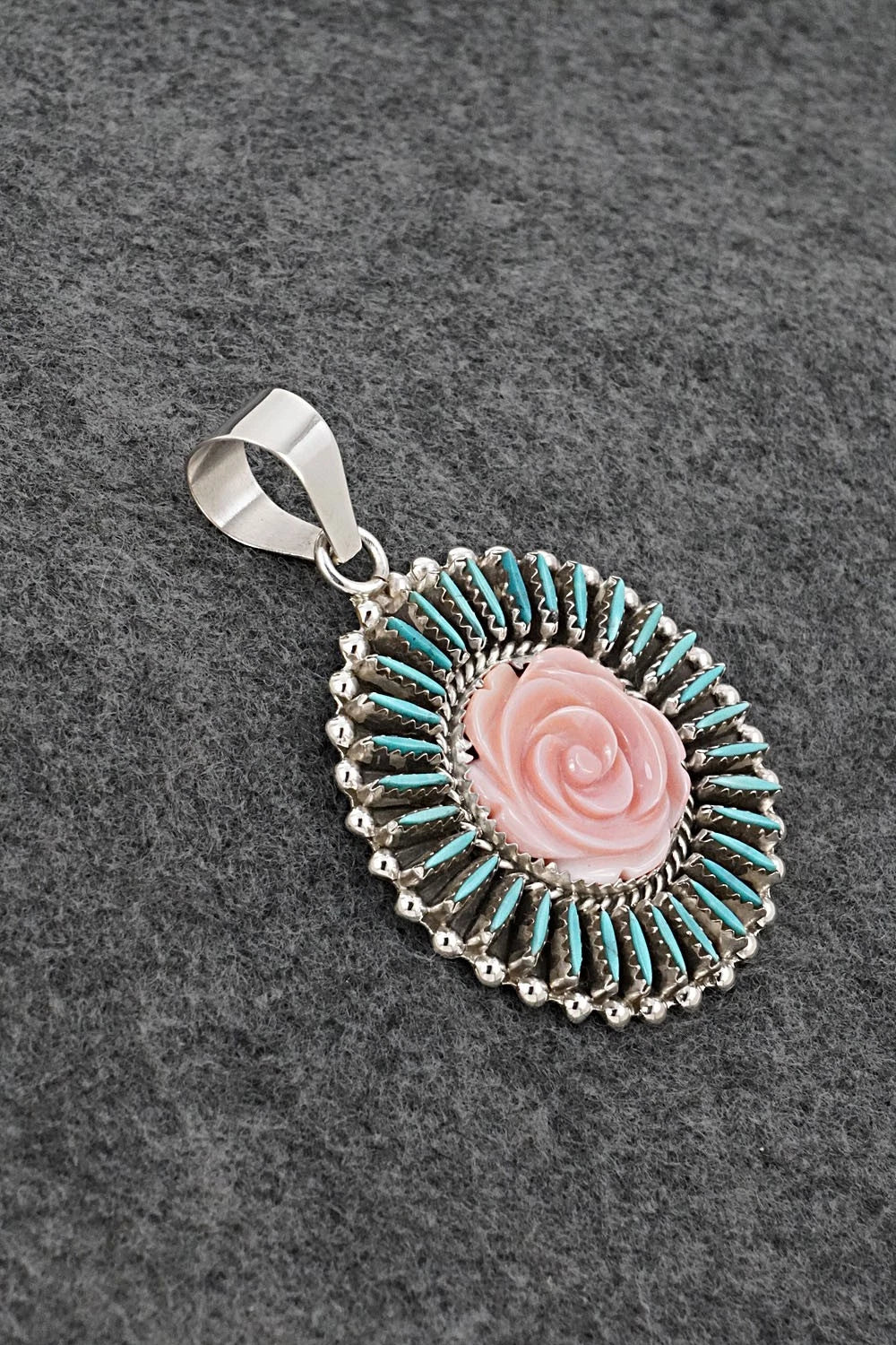 Turquoise, Pink Conch & Sterling Silver Pendant - Roland Francisco